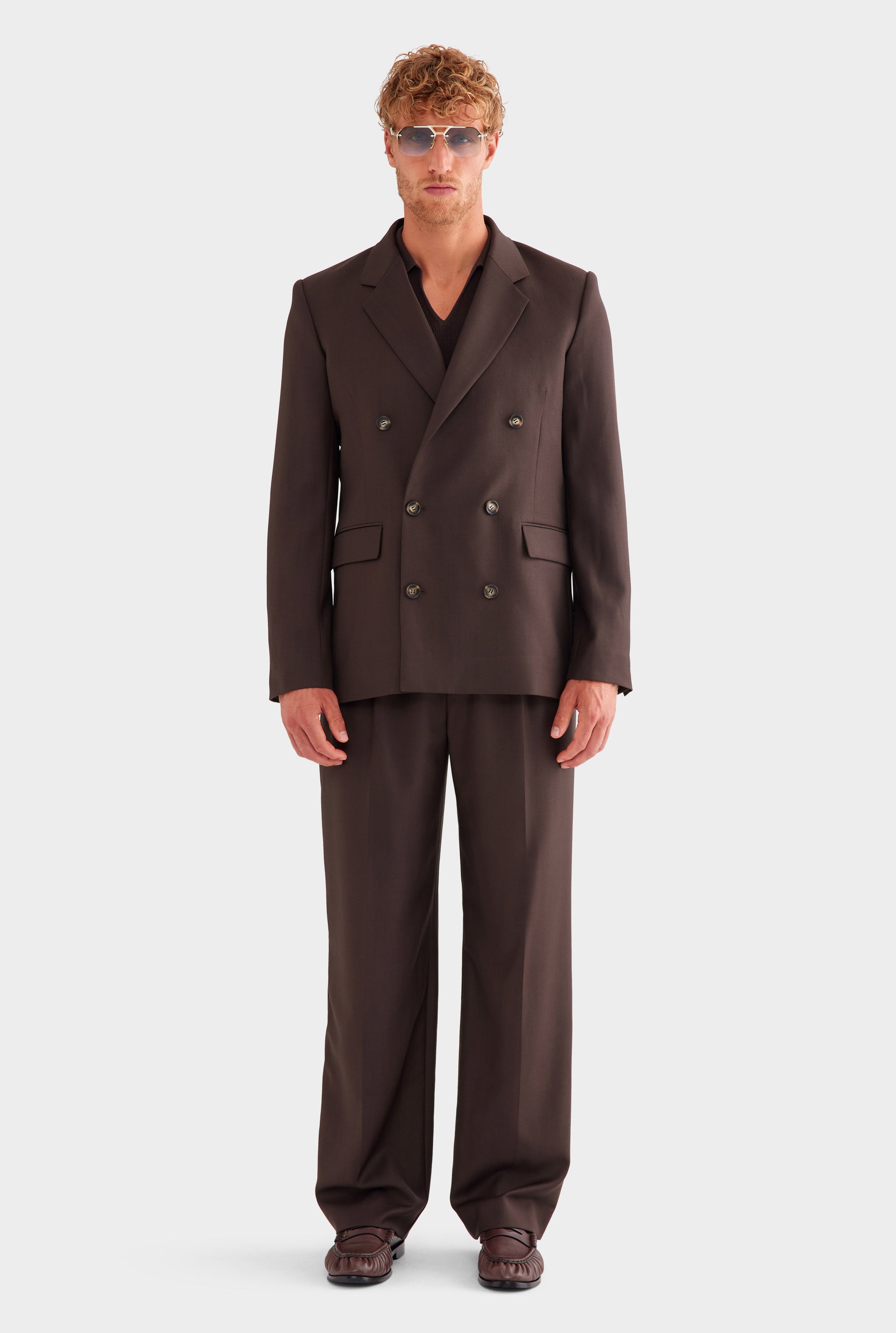 Tailored Wool Double Breasted Suit Jacket - Dark Chocolate