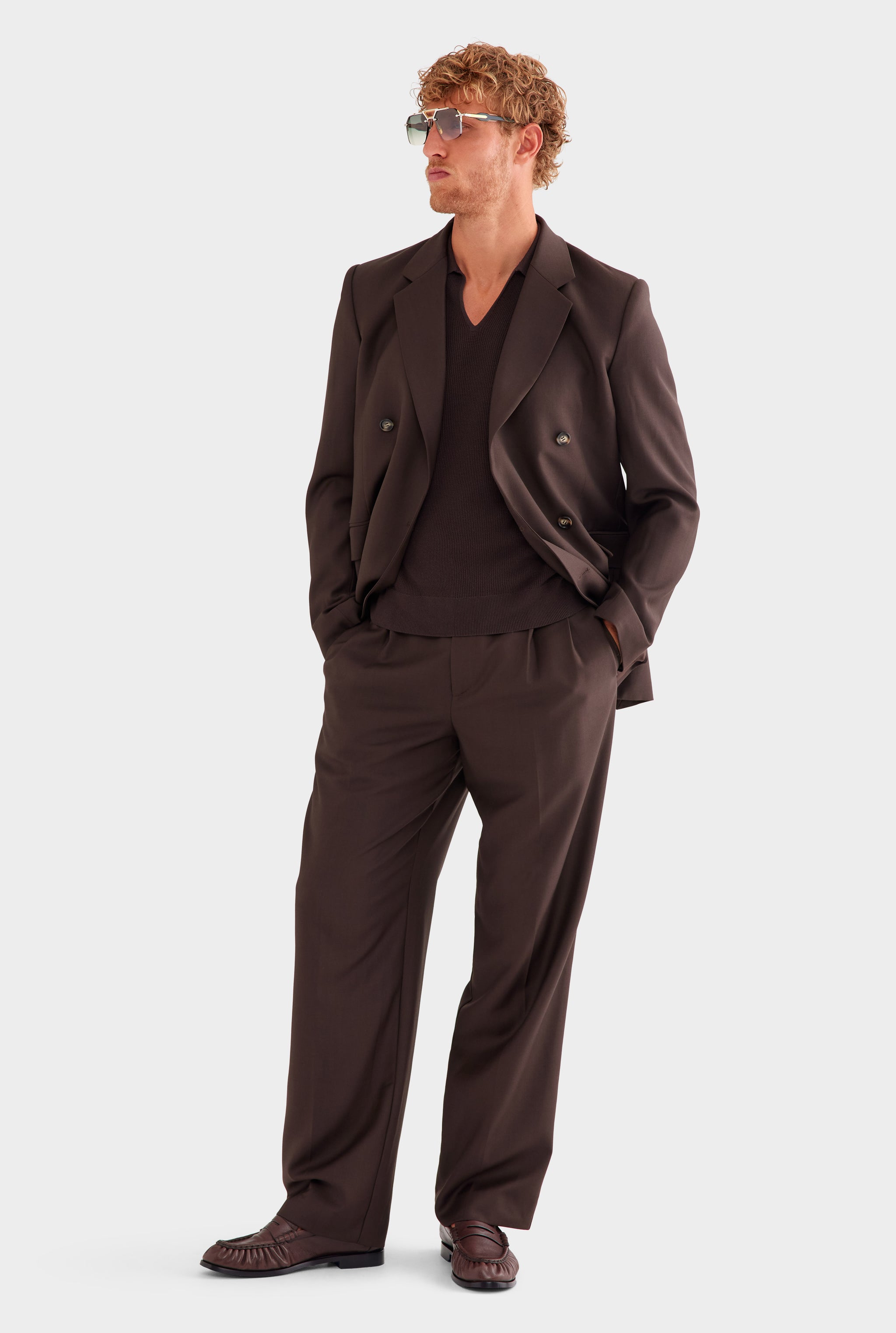 Tailored Wool Double Breasted Suit Jacket - Dark Chocolate