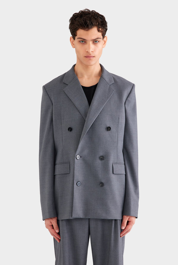 Tailored Wool Double Breasted Suit Jacket - Dark Grey Marl