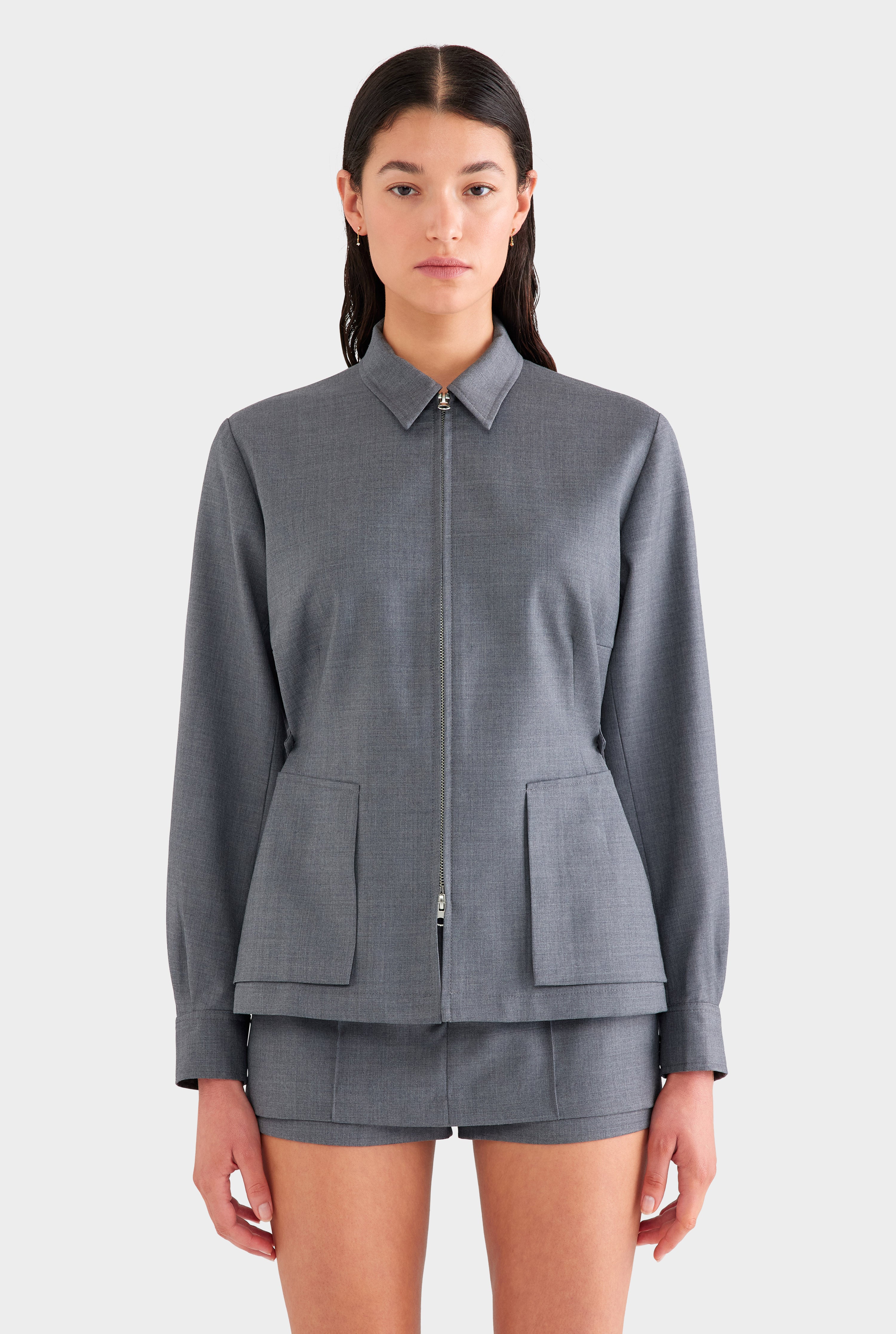 Tailored Wool Zip Suit Jacket - Dark Grey Marl