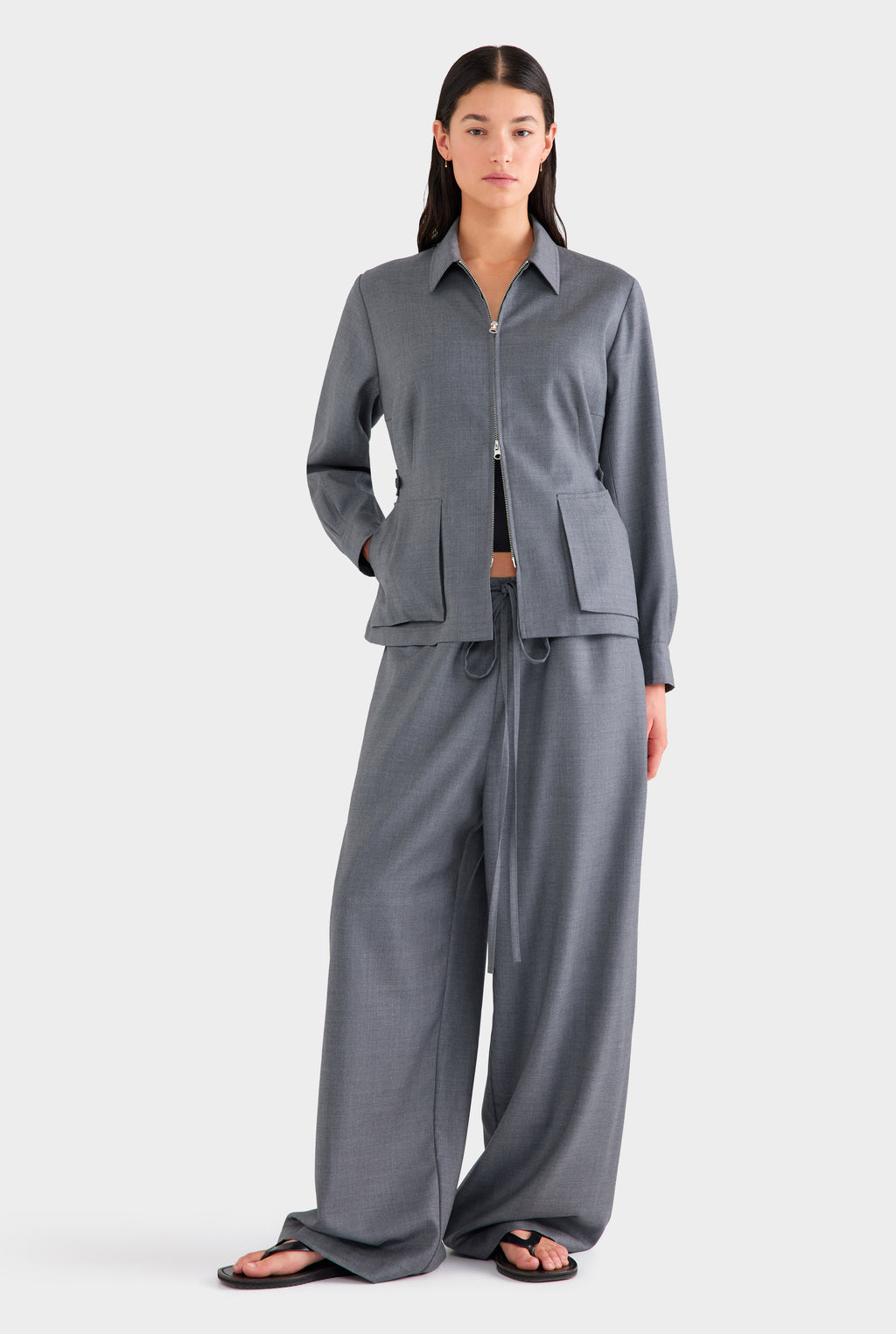 Tailored Wool Zip Suit Jacket - Dark Grey Marl