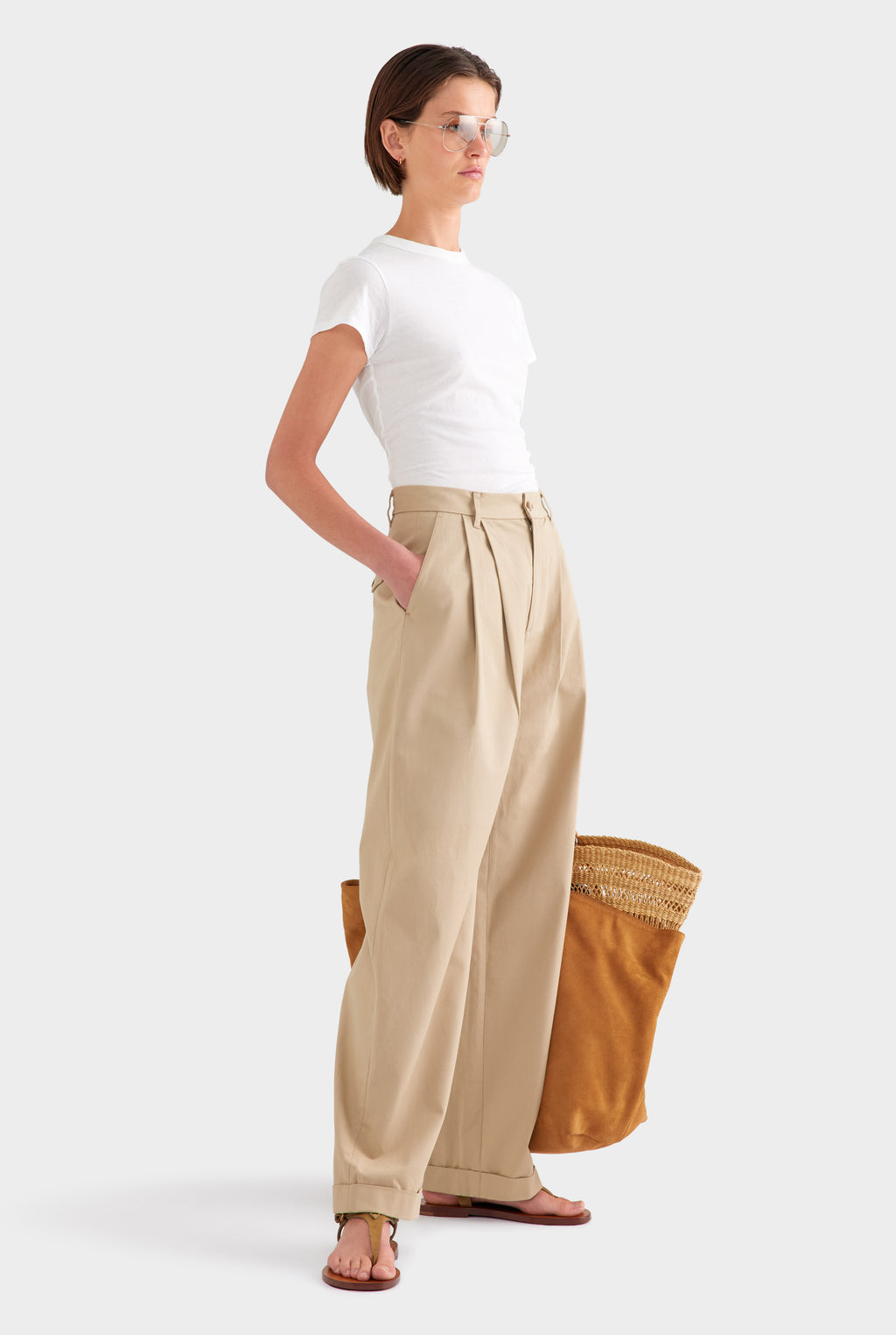 Tapered Cotton Pleat Pant - Pale Khaki