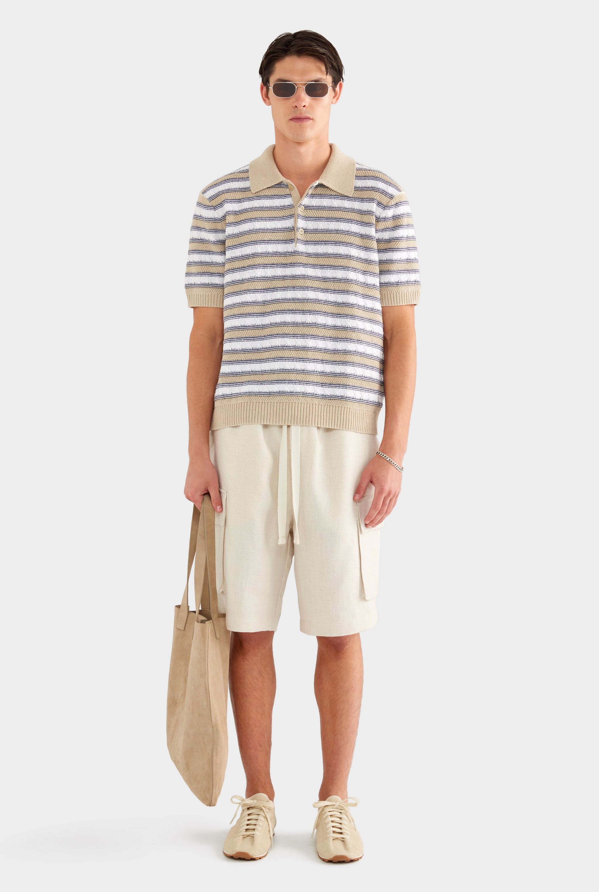 Textured Cotton Linen Knit Polo - White/Navy/Taupe Stripe - 55% Linen 45% Cotton / White/Navy/Taupe Stripe / XS