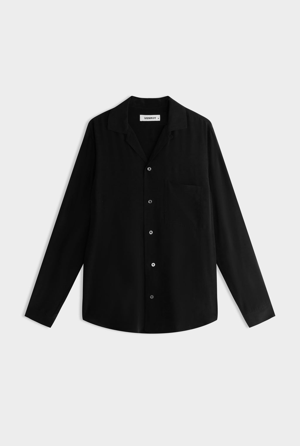 Long Sleeve Silk Curved Hem Camp Collar Shirt - Black