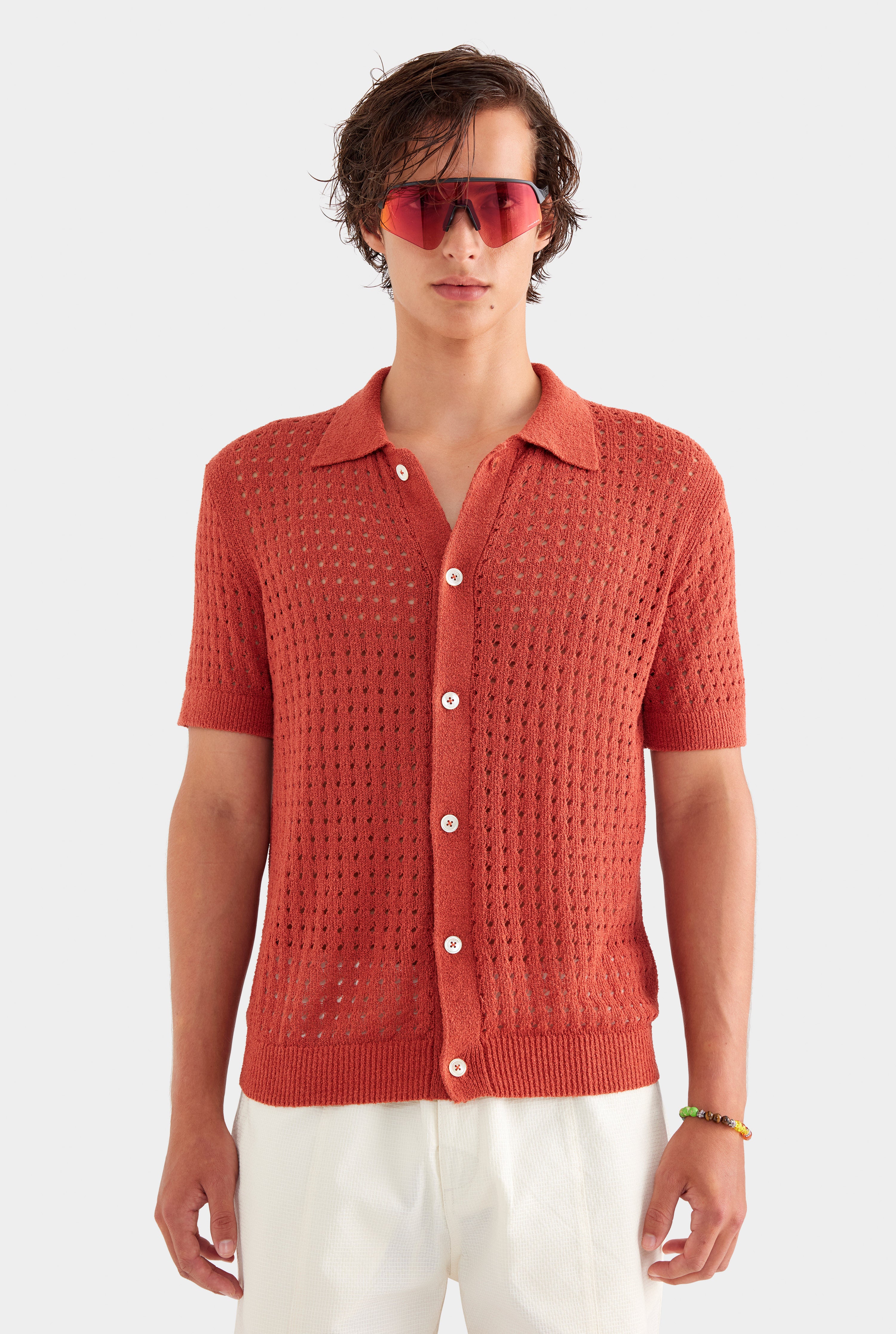 Boucle Border Knit Shirt - Brick Red