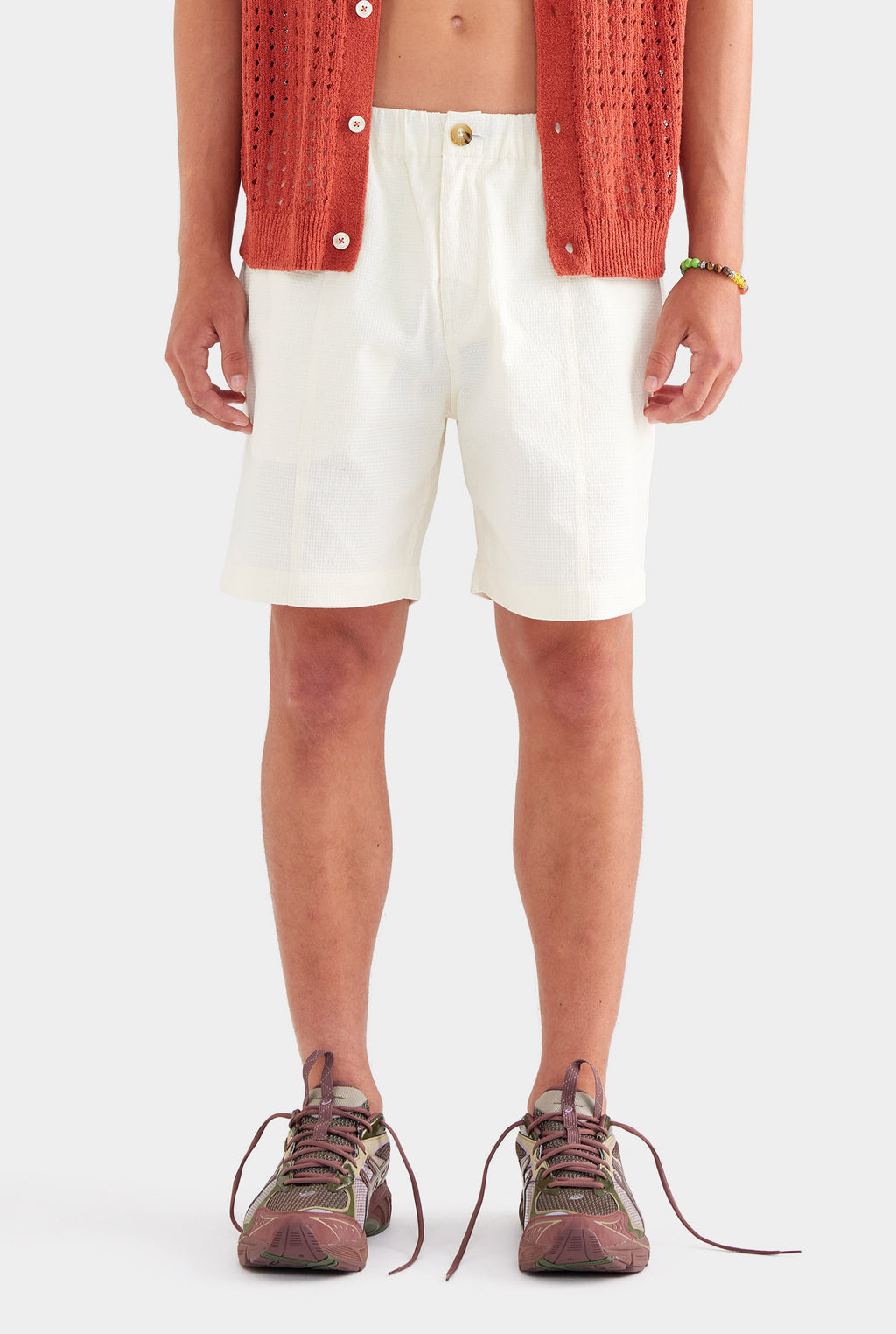 Textured Seam Detail Shorts - Cream