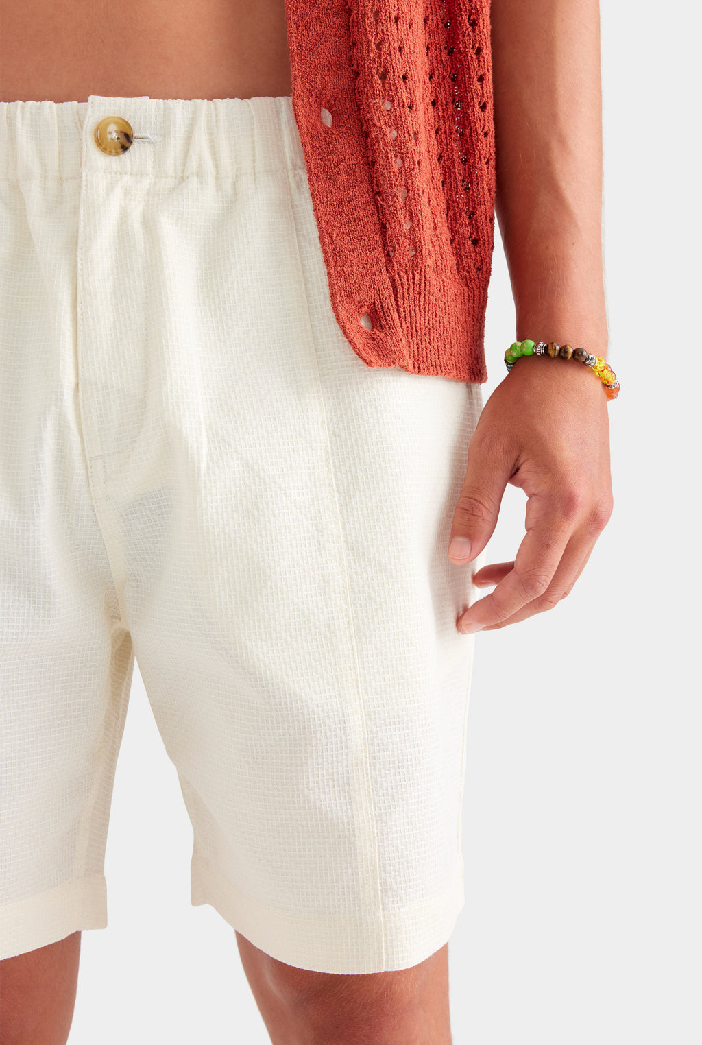 Textured Seam Detail Shorts - Cream