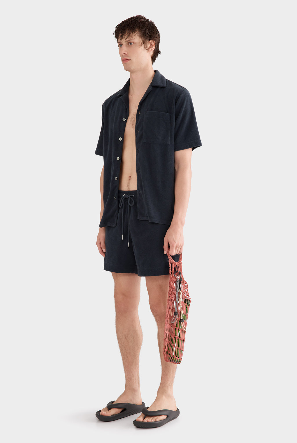 Flat Hem Terry Camp Collar Shirt - Navy
