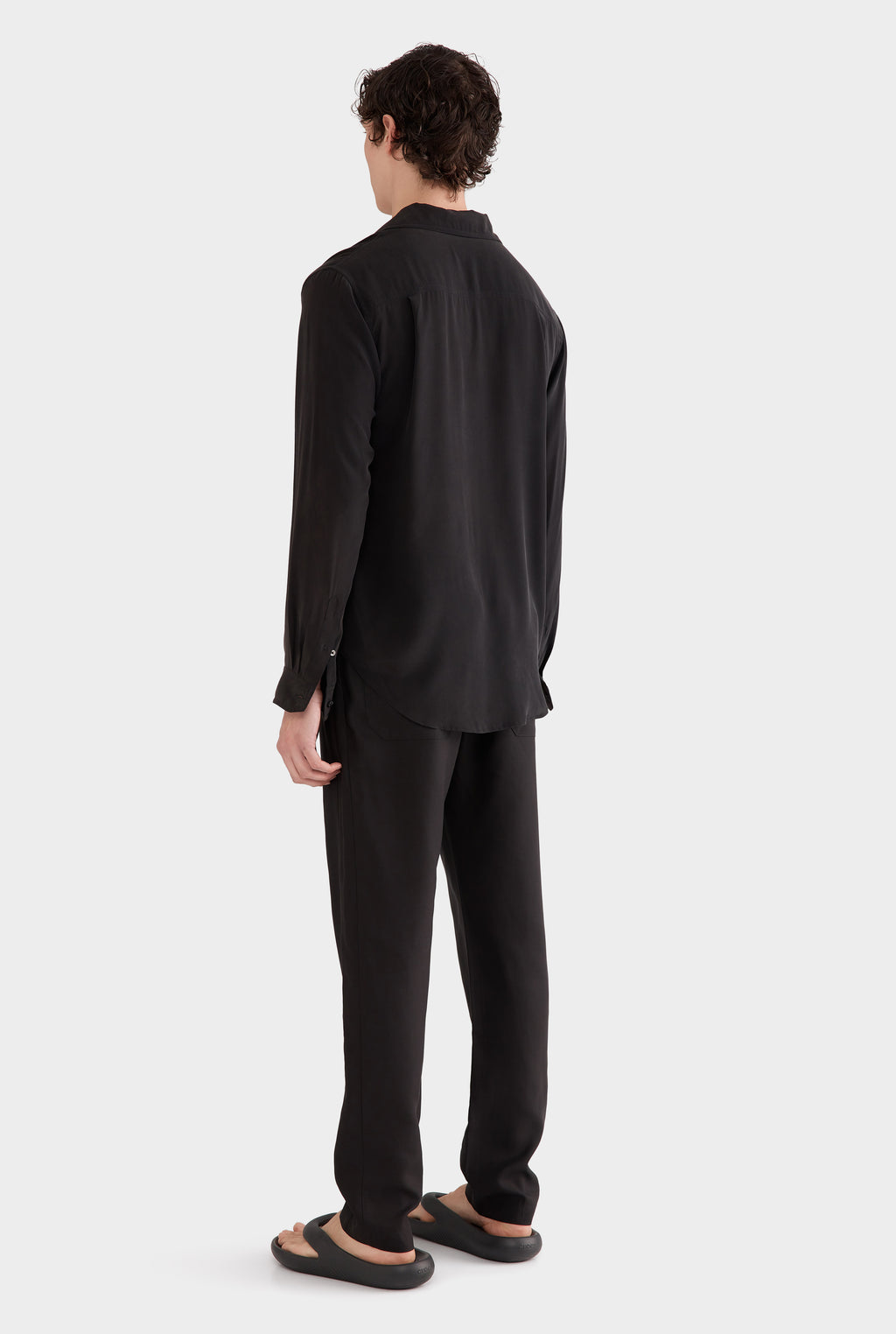 Long Sleeve Silk Curved Hem Camp Collar Shirt - Black