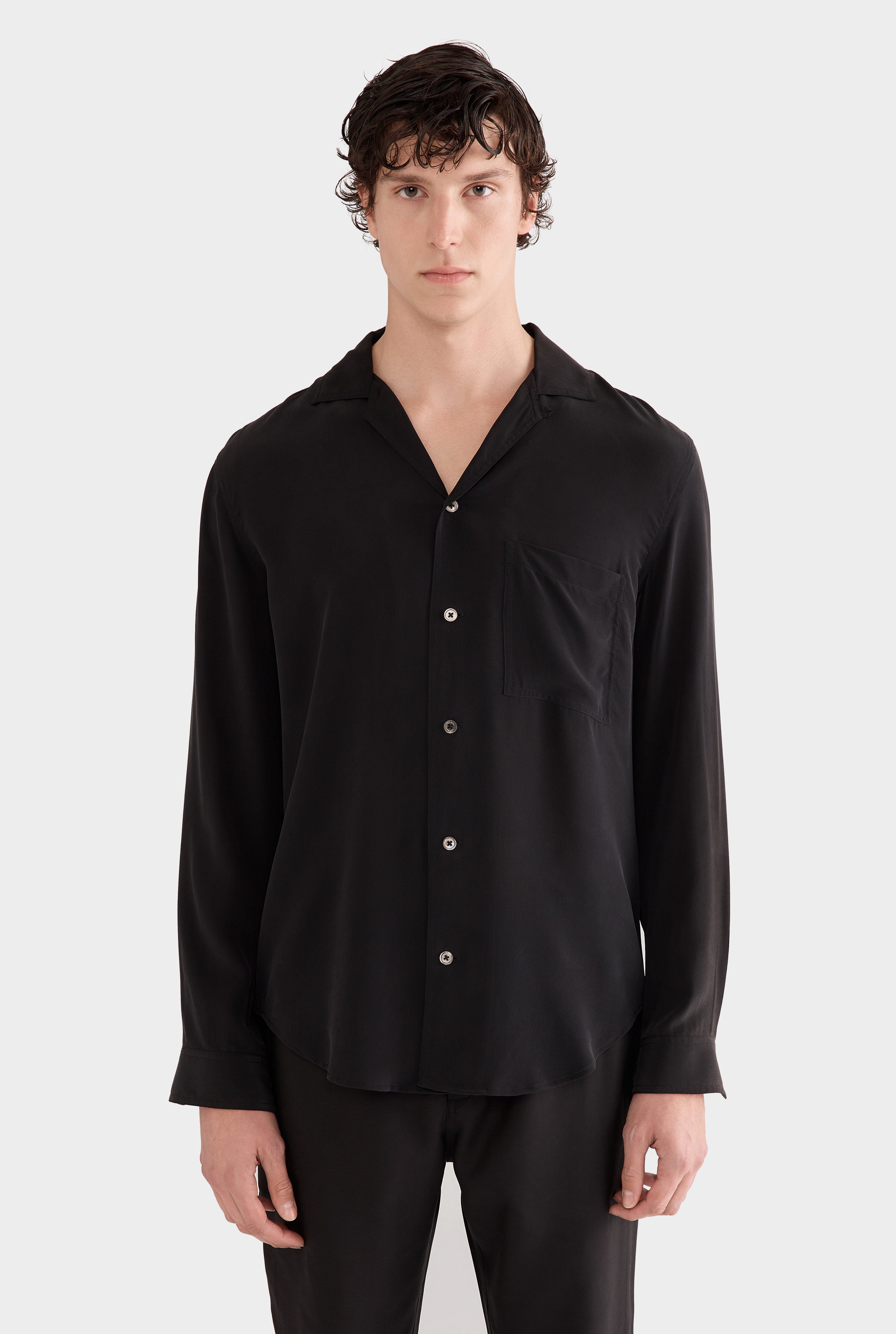 Long Sleeve Silk Curved Hem Camp Collar Shirt - Black