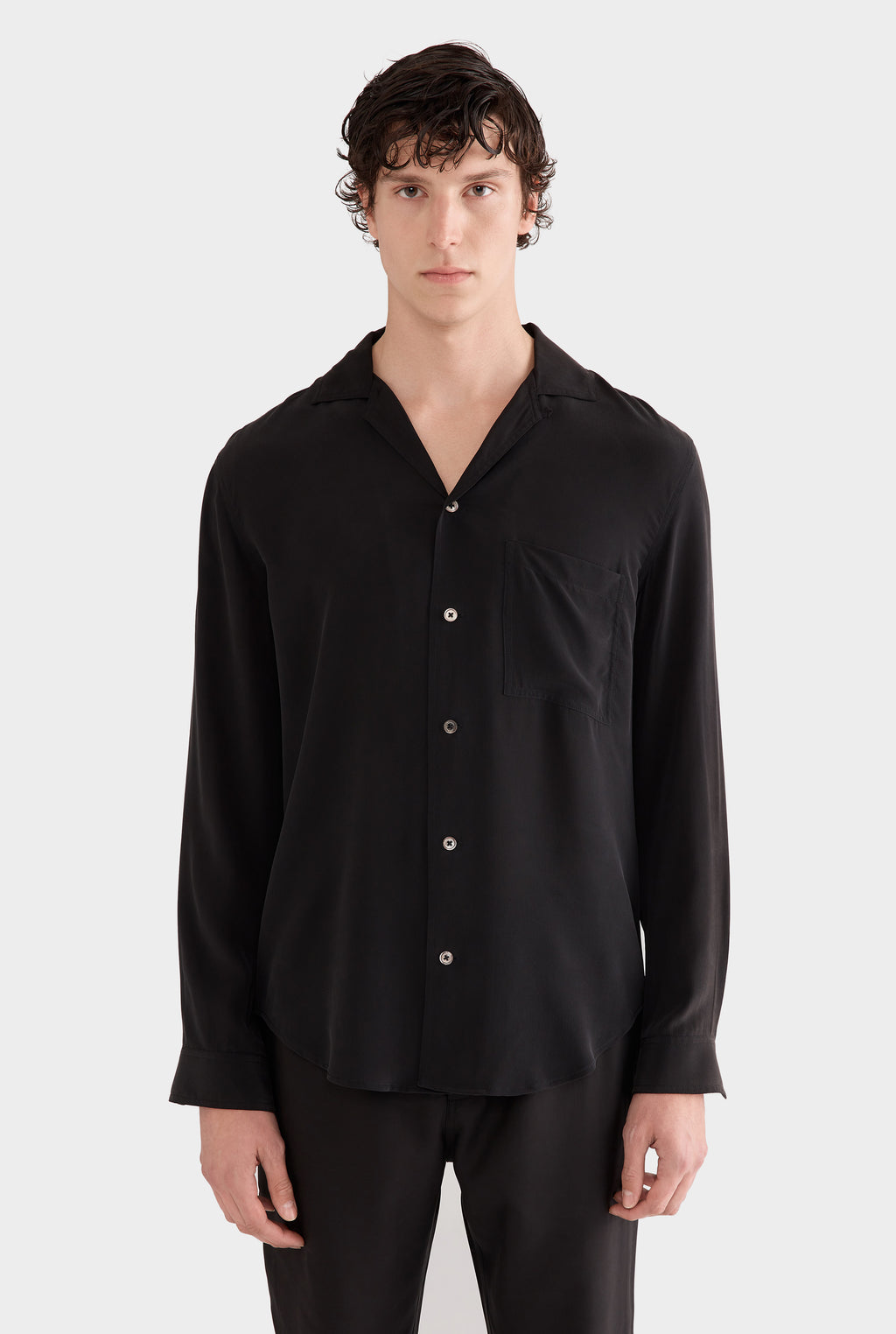 Long Sleeve Silk Curved Hem Camp Collar Shirt - Black