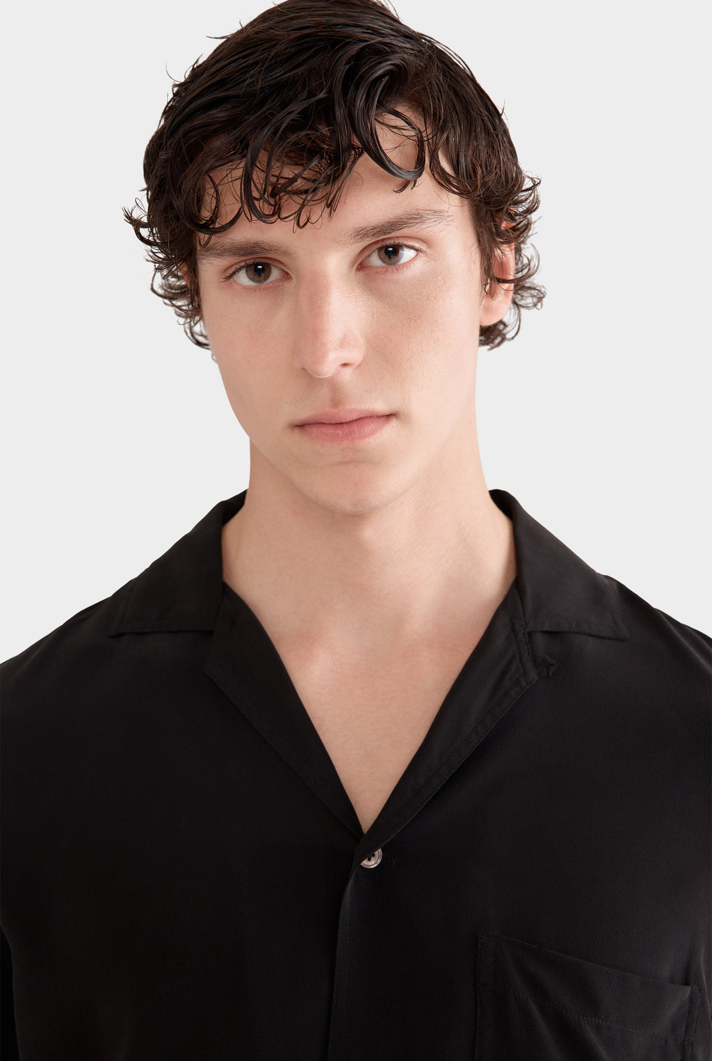 Long Sleeve Silk Curved Hem Camp Collar Shirt - Black