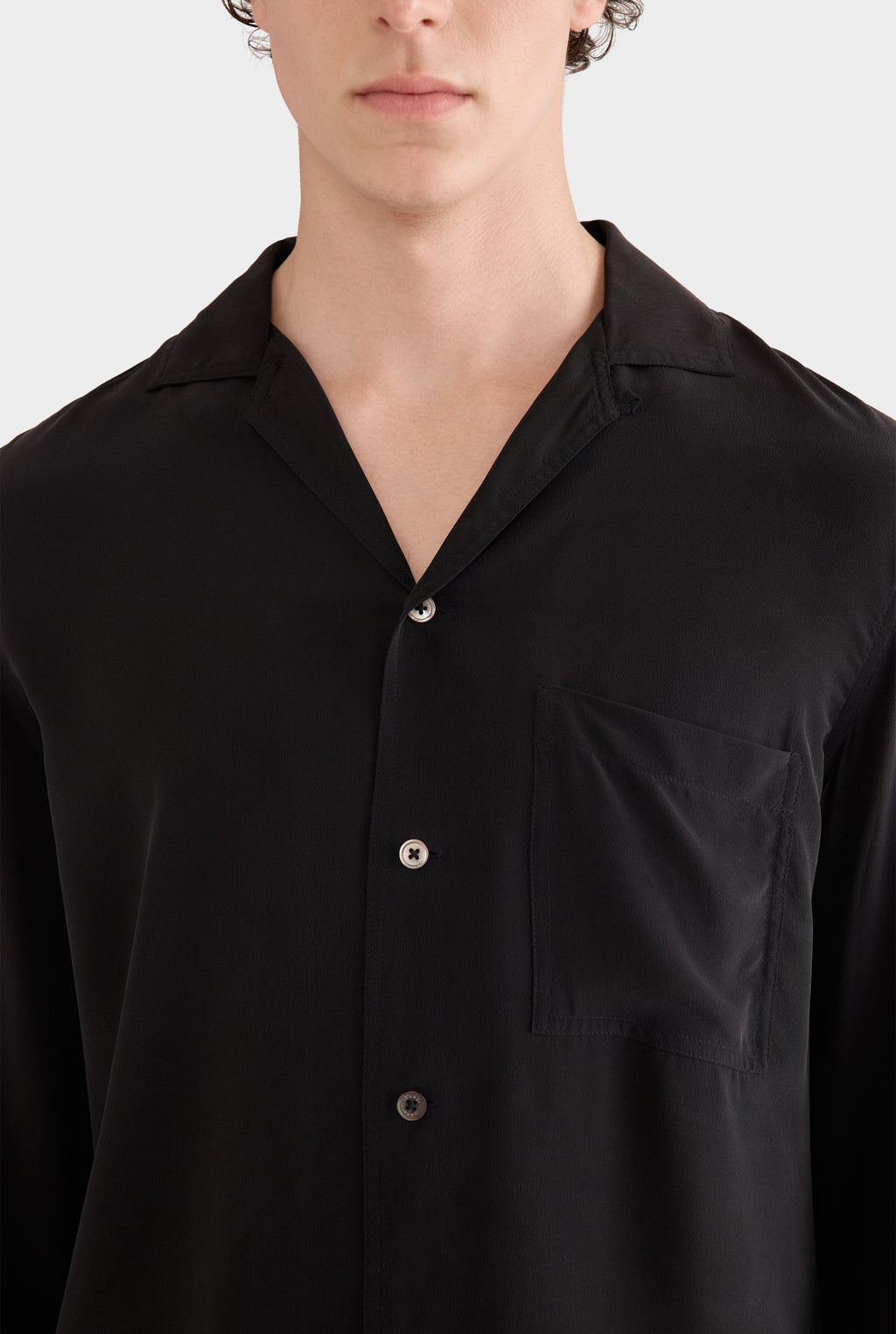 Long Sleeve Silk Curved Hem Camp Collar Shirt - Black