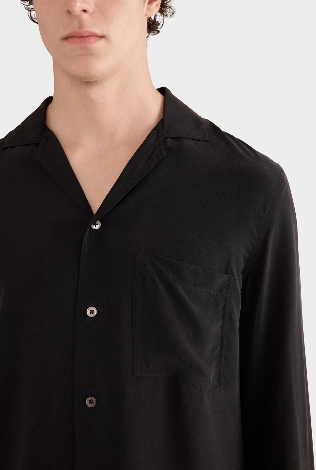 Long Sleeve Silk Curved Hem Camp Collar Shirt - Black