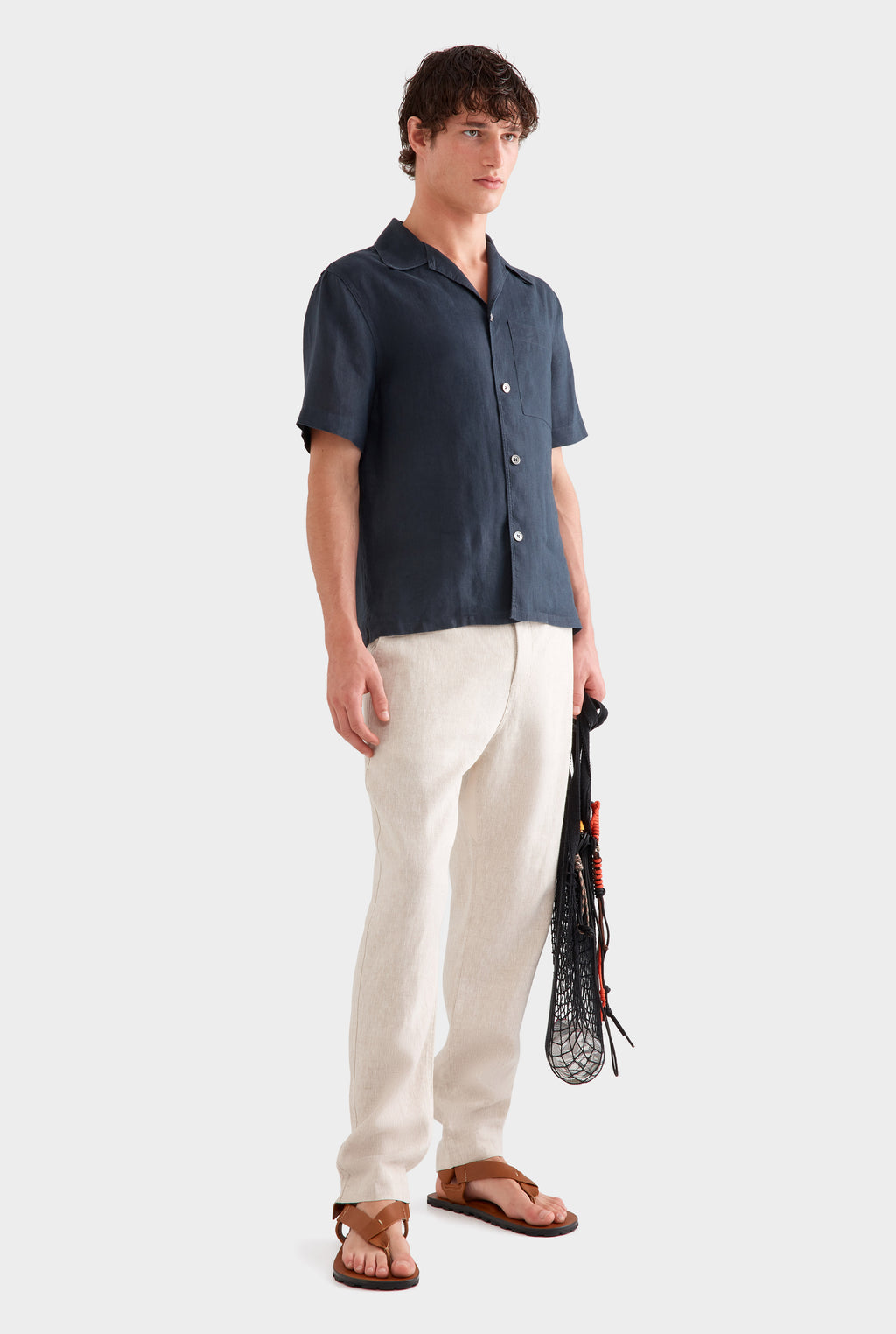 Short Sleeve Linen Camp Collar Shirt - Navy