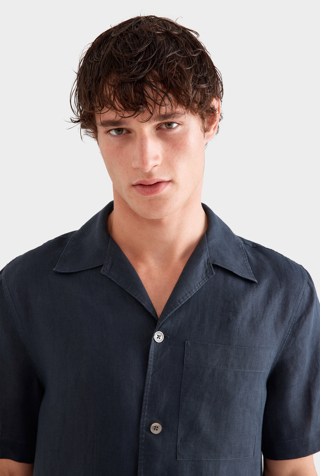 Short Sleeve Linen Camp Collar Shirt - Navy