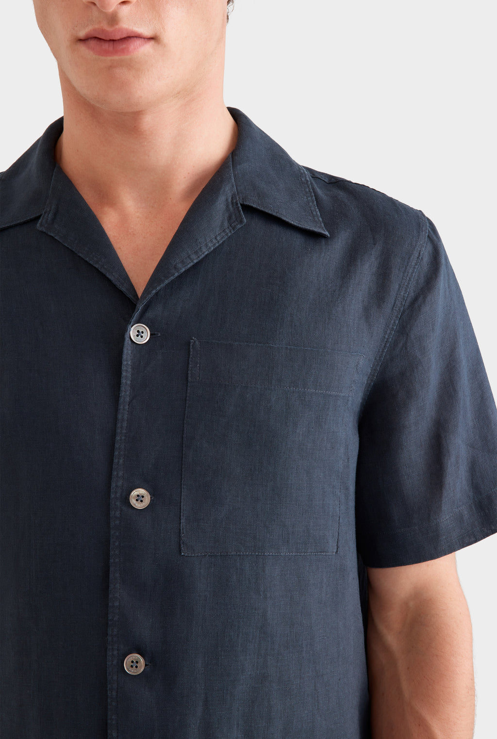 Short Sleeve Linen Camp Collar Shirt - Navy