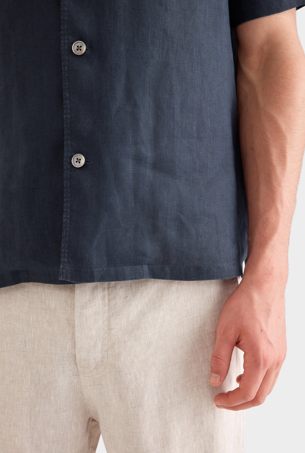 Short Sleeve Linen Camp Collar Shirt - Navy