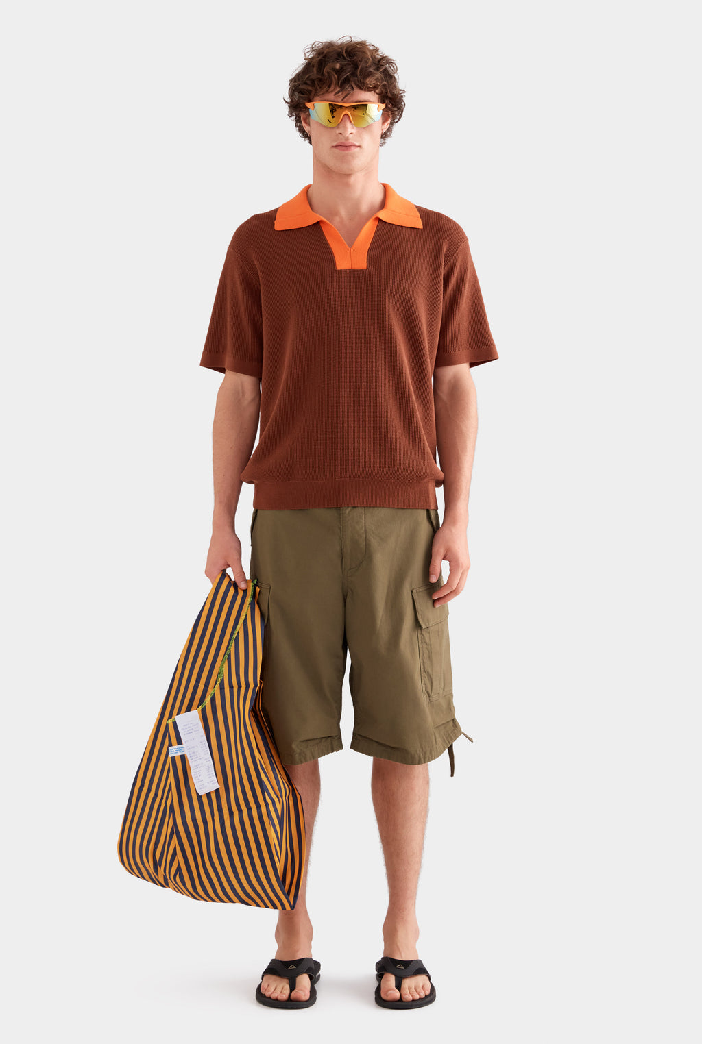 Contrast Open Neck Cotton Polo - Chocolate/Bright Orange