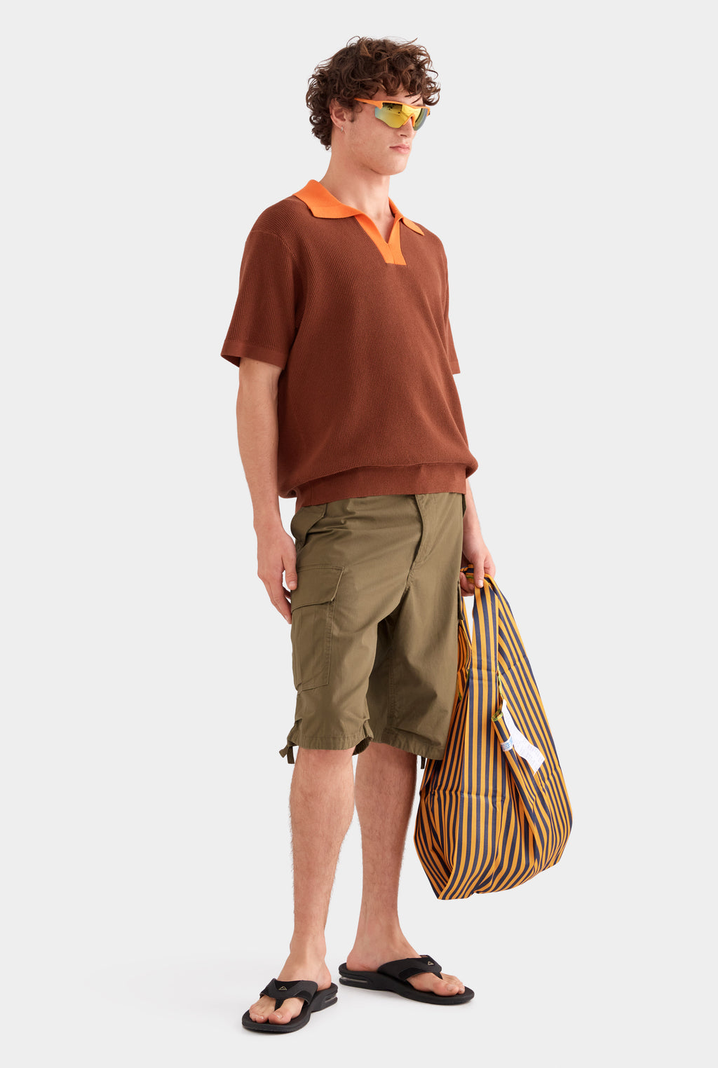 Contrast Open Neck Cotton Polo - Chocolate/Bright Orange