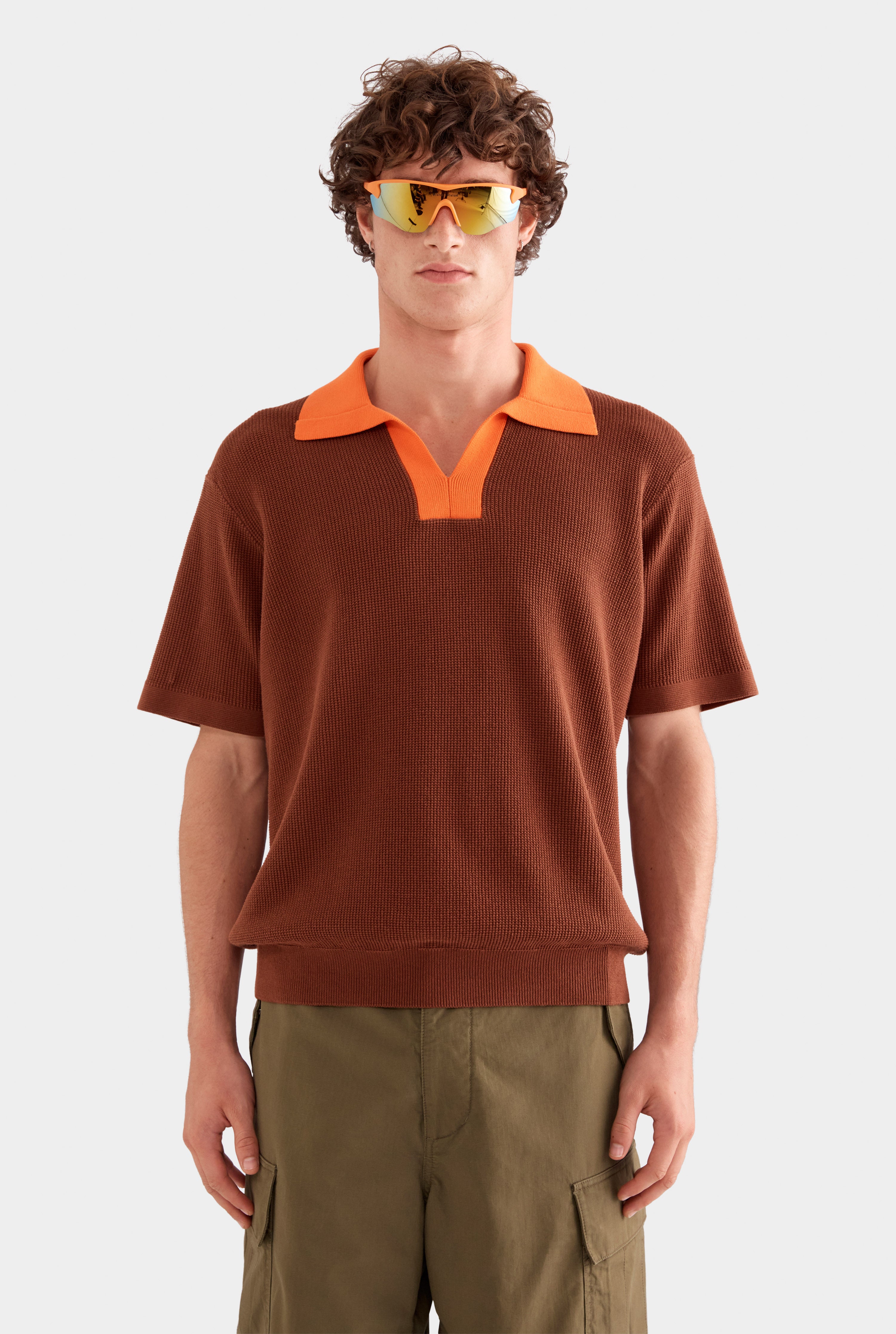 Contrast Open Neck Cotton Polo - Chocolate/Bright Orange