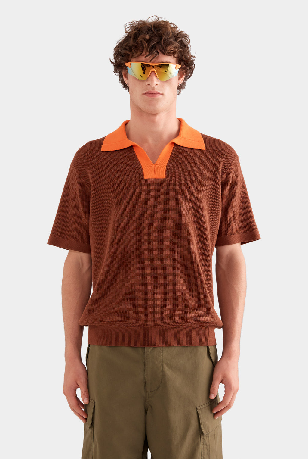 Contrast Open Neck Cotton Polo - Chocolate/Bright Orange