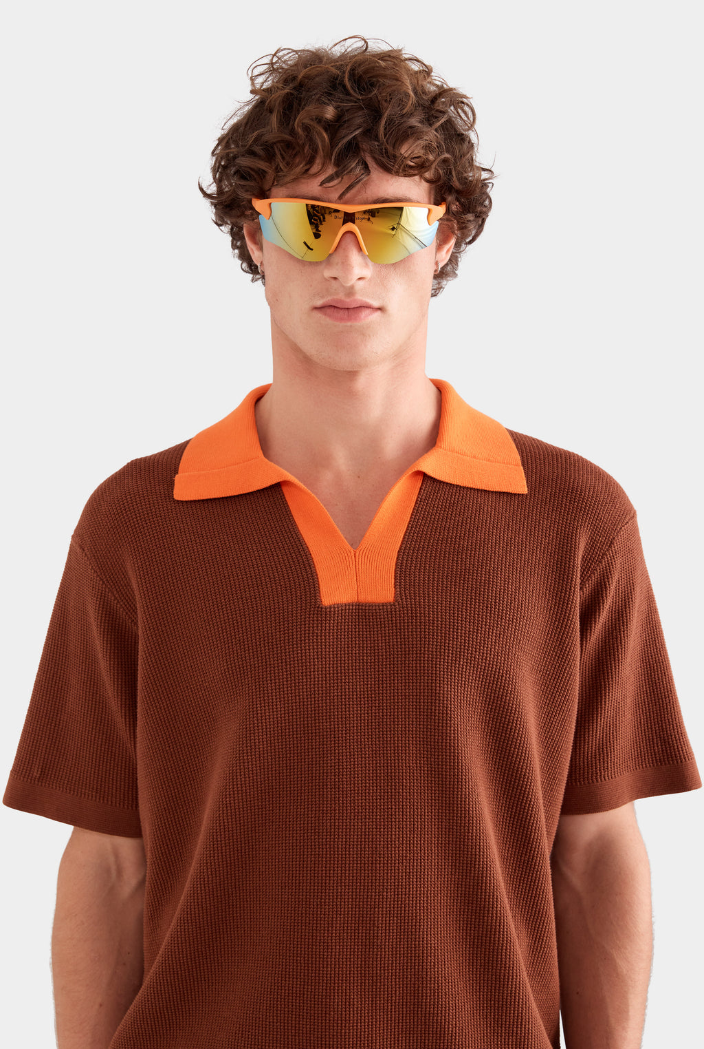 Contrast Open Neck Cotton Polo - Chocolate/Bright Orange