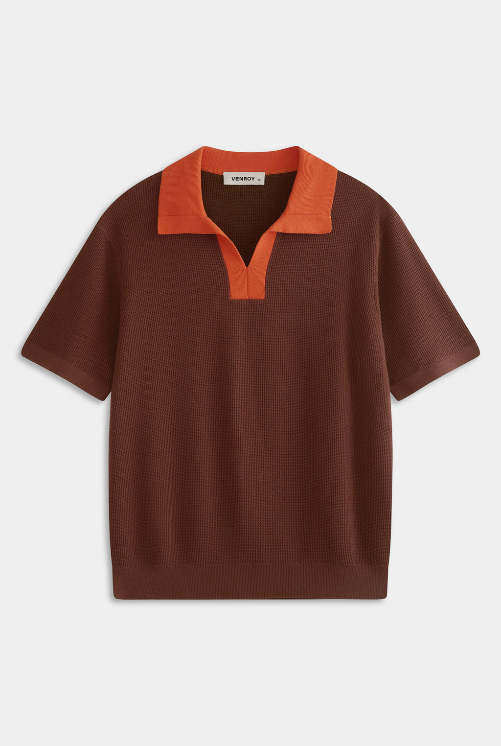 Contrast Open Neck Cotton Polo - Chocolate/Bright Orange