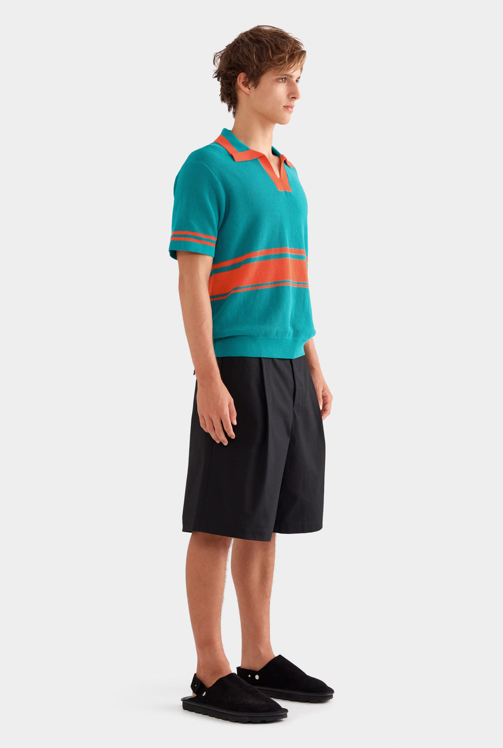 Contrast Open Neck Cotton Polo - Teal/Bright Orange