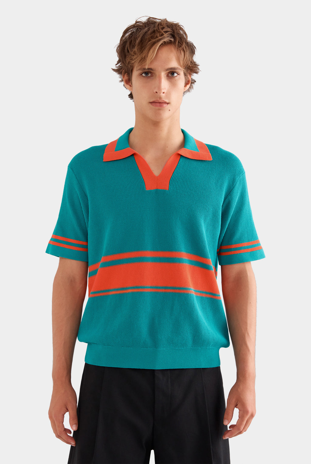 Contrast Open Neck Cotton Polo - Teal/Bright Orange