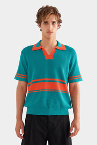 Contrast Open Neck Cotton Polo - Teal/Bright Orange
