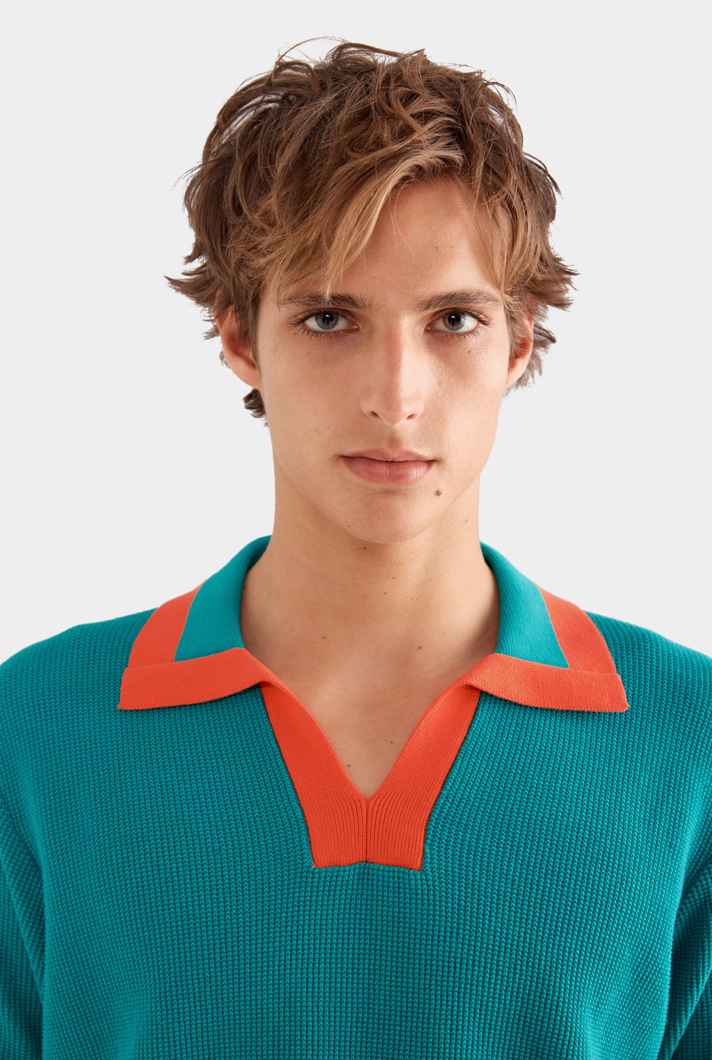 Contrast Open Neck Cotton Polo - Teal/Bright Orange