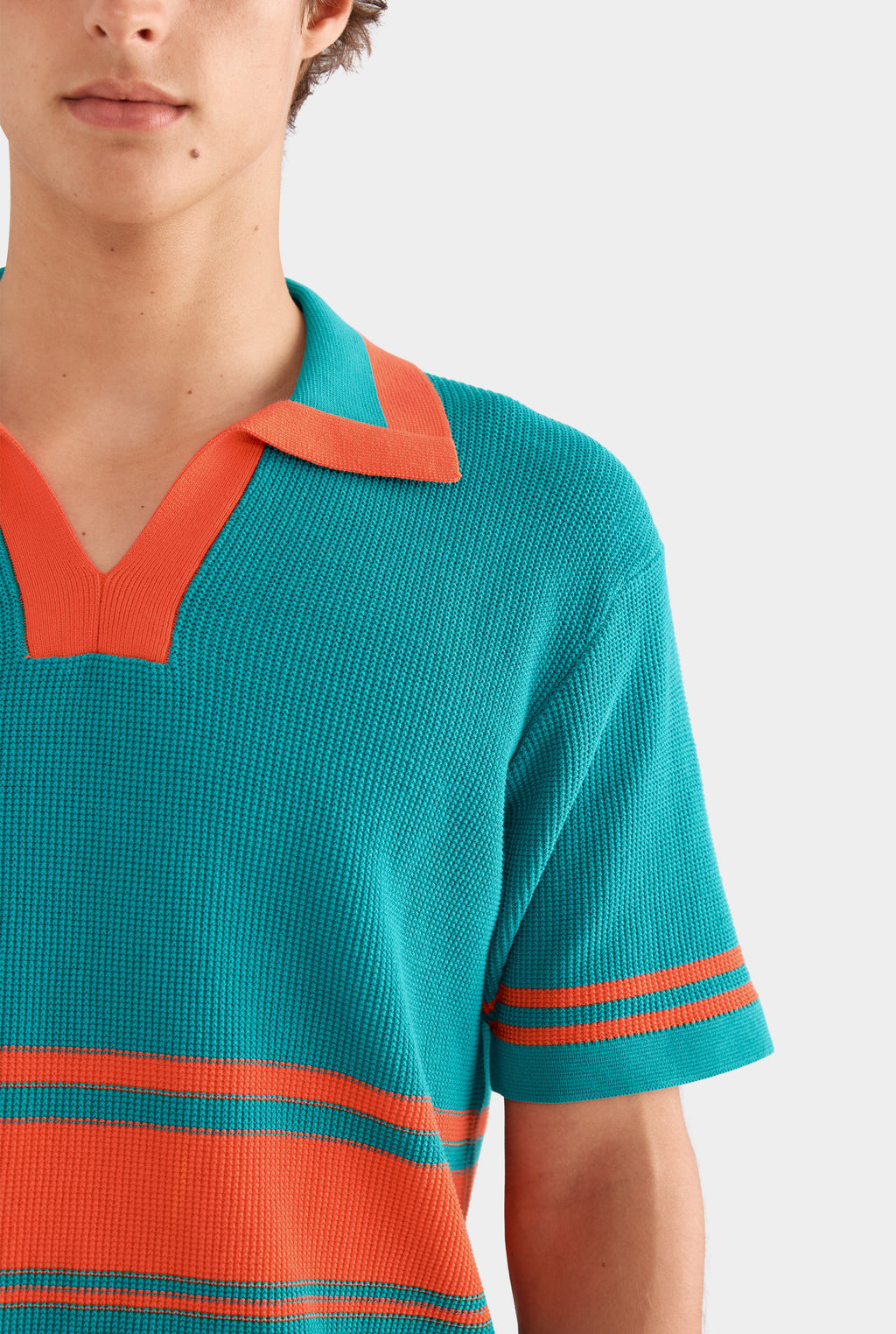 Contrast Open Neck Cotton Polo - Teal/Bright Orange