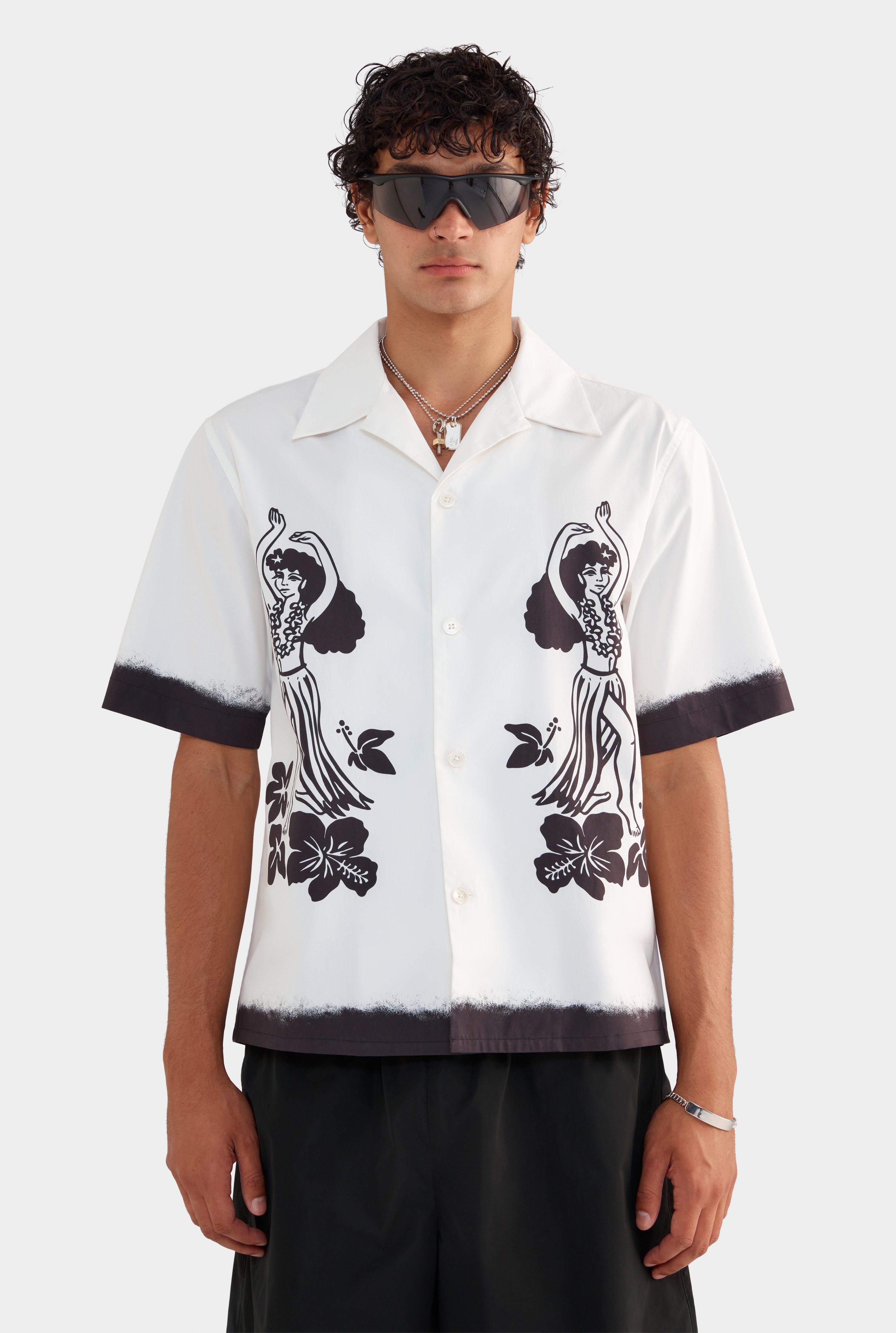 Cotton Boxy Camp Collar Shirt - Off White/Hula Girl Print