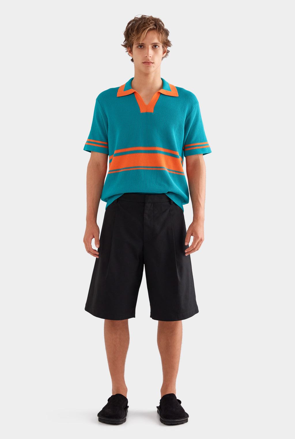 Contrast Open Neck Cotton Polo - Teal/Bright Orange