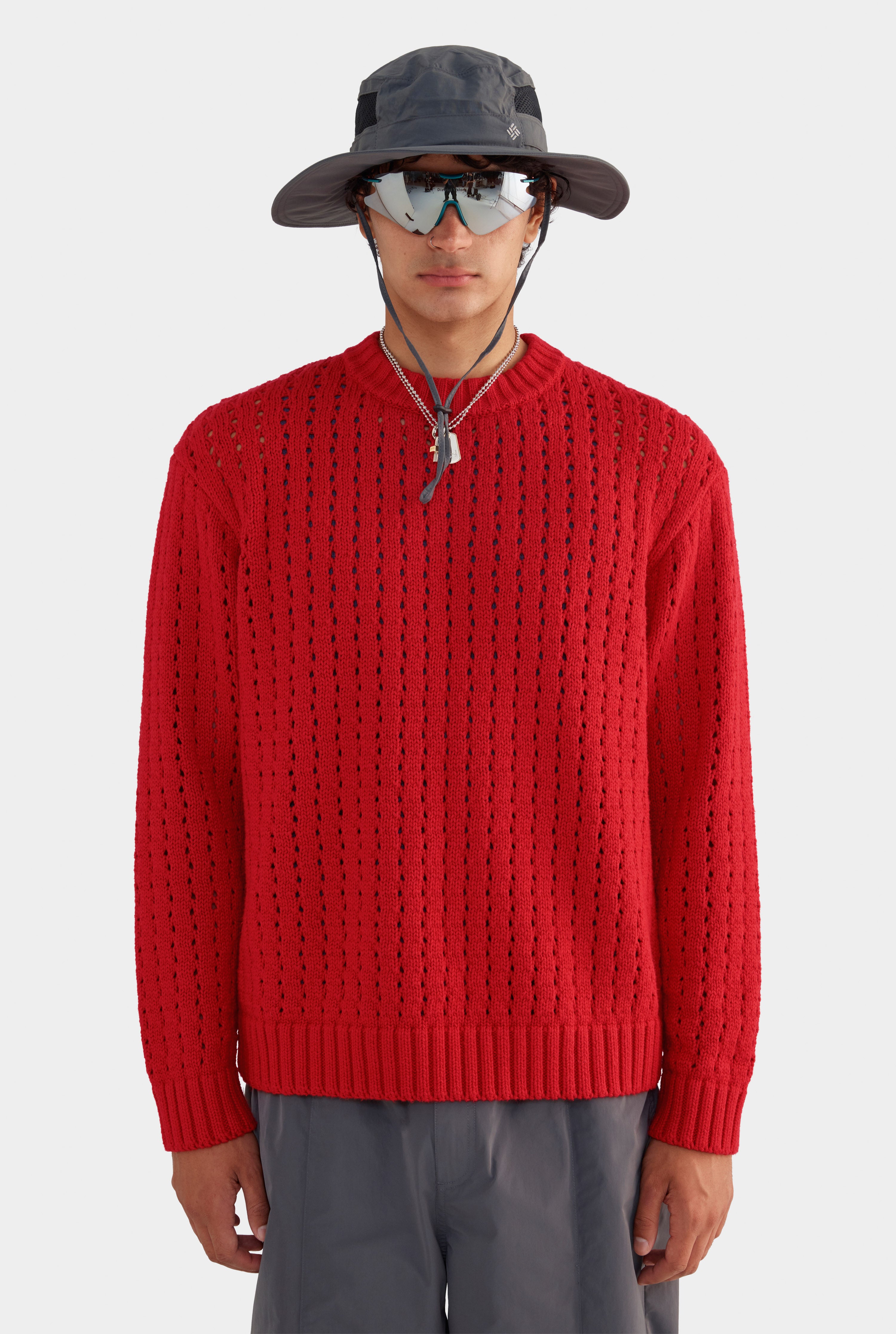 Cotton Cashmere Open Stitch Sweater - Red