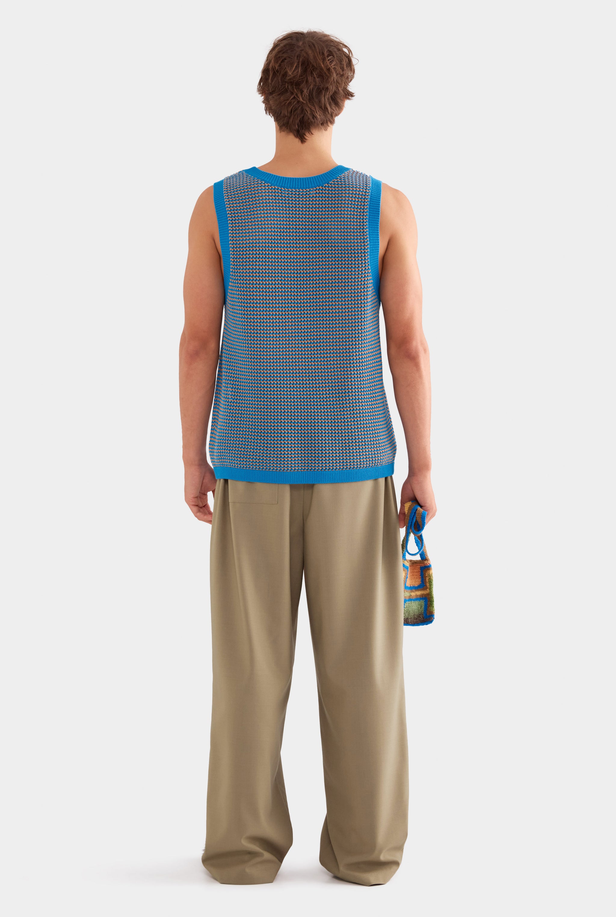 Cotton Crochet Tank - Bright Blue/Brown