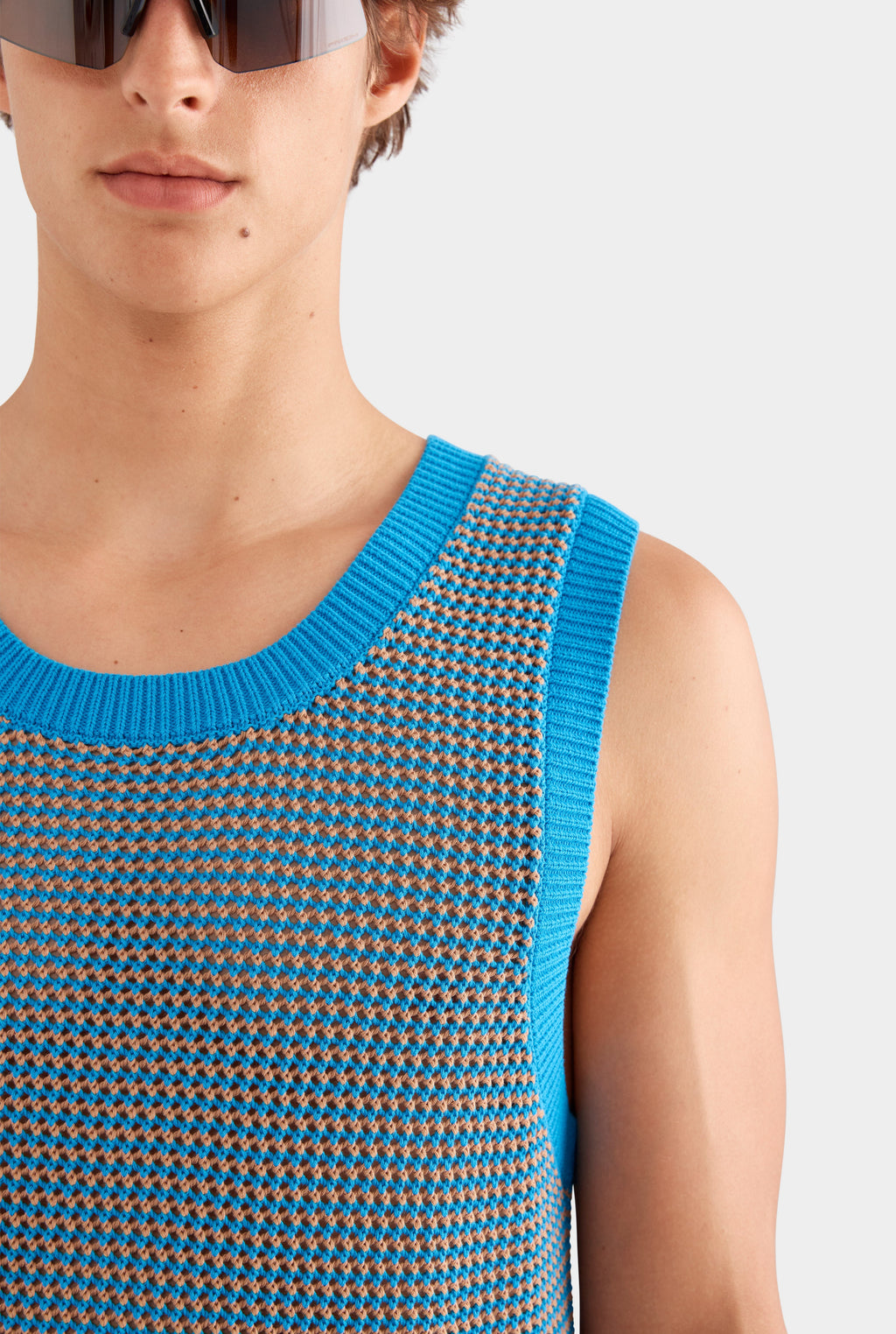 Cotton Crochet Tank - Bright Blue/Brown