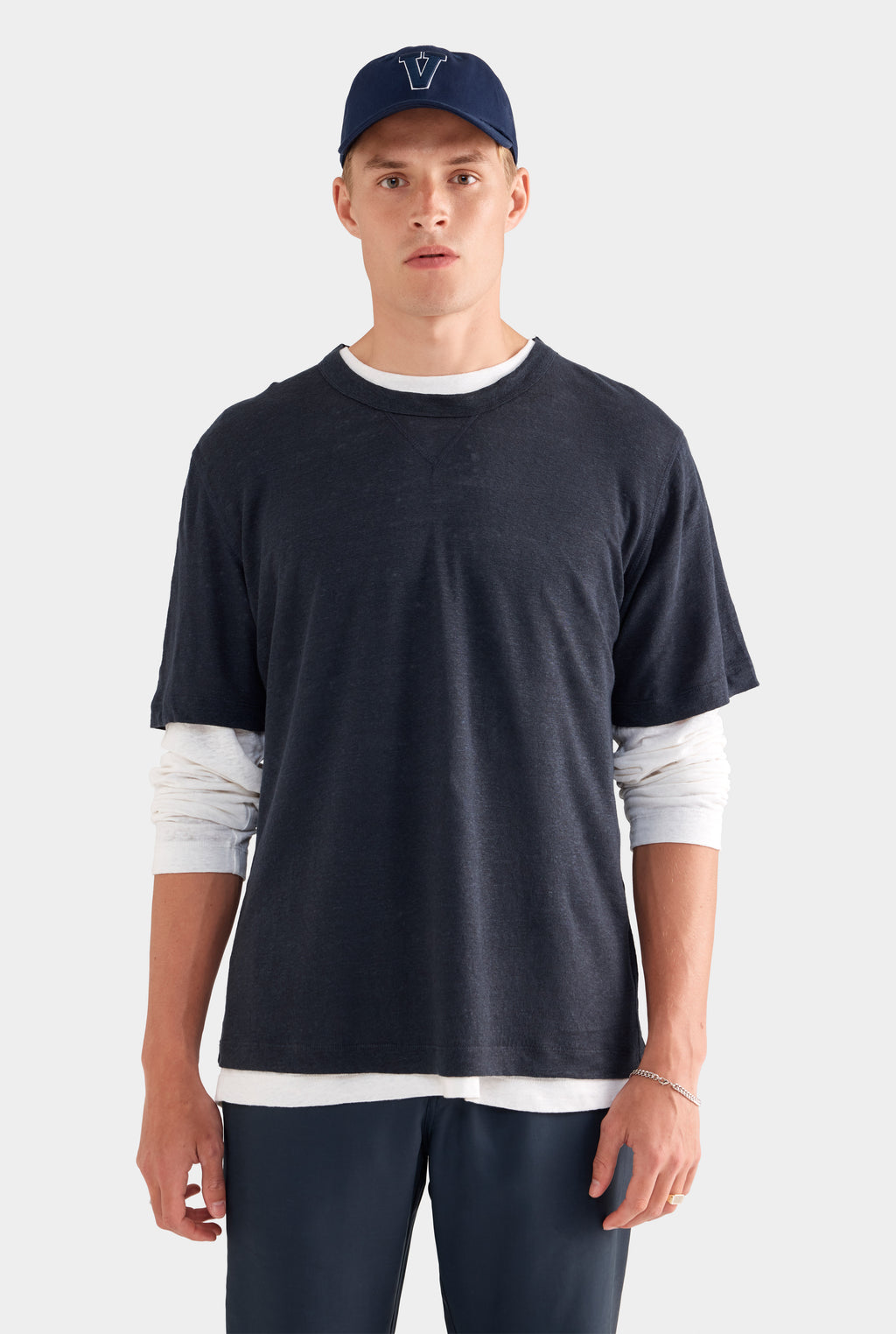 Coverstitch Linen T-Shirt - Navy