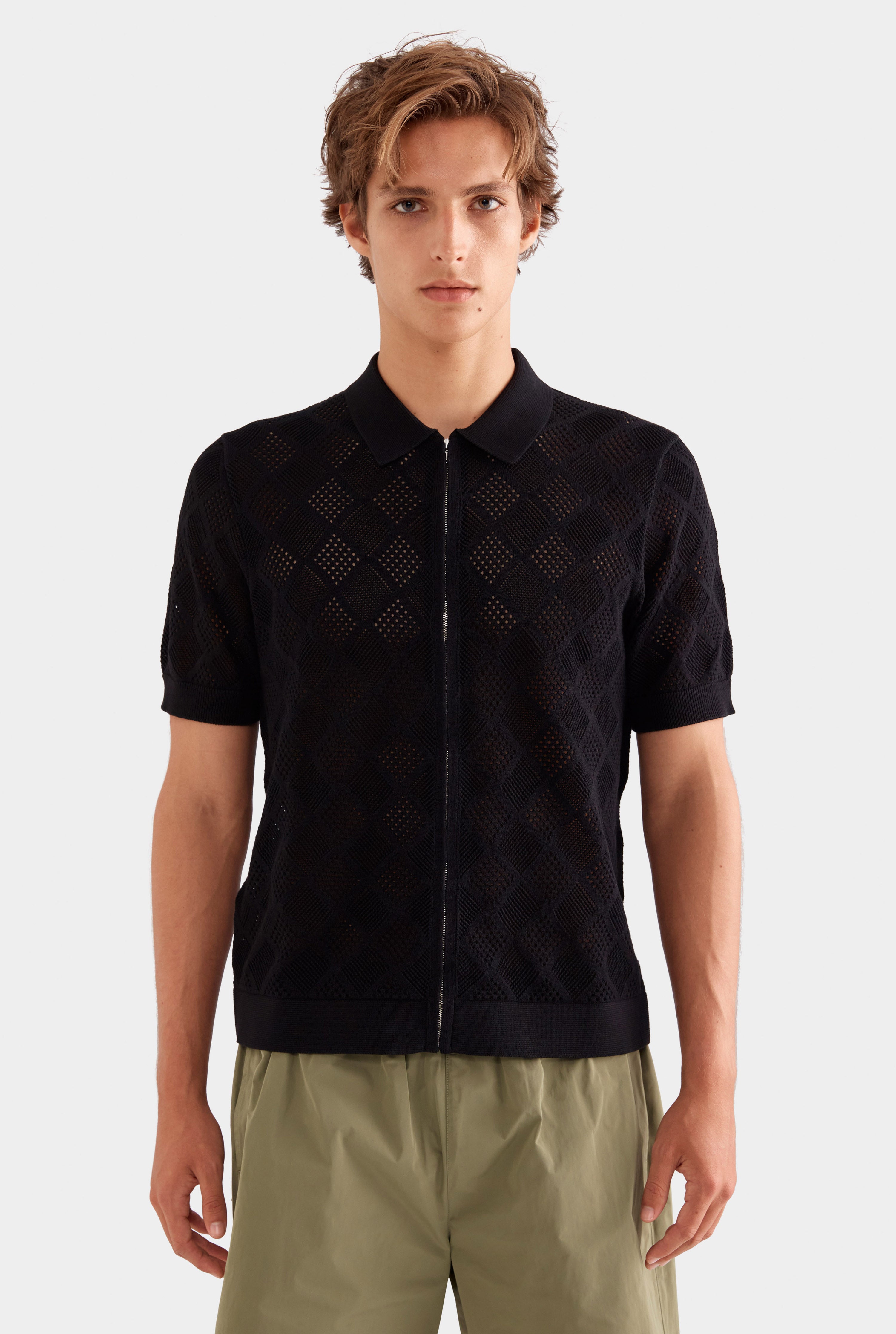 Diamond Zip Knit Cotton Shirt - Black