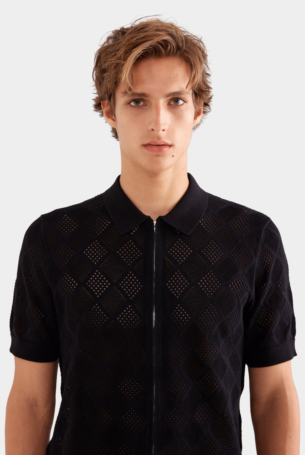 Diamond Zip Knit Cotton Shirt - Black