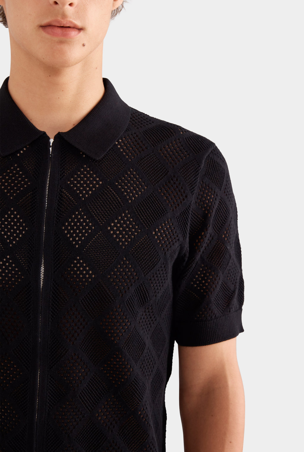 Diamond Zip Knit Cotton Shirt - Black