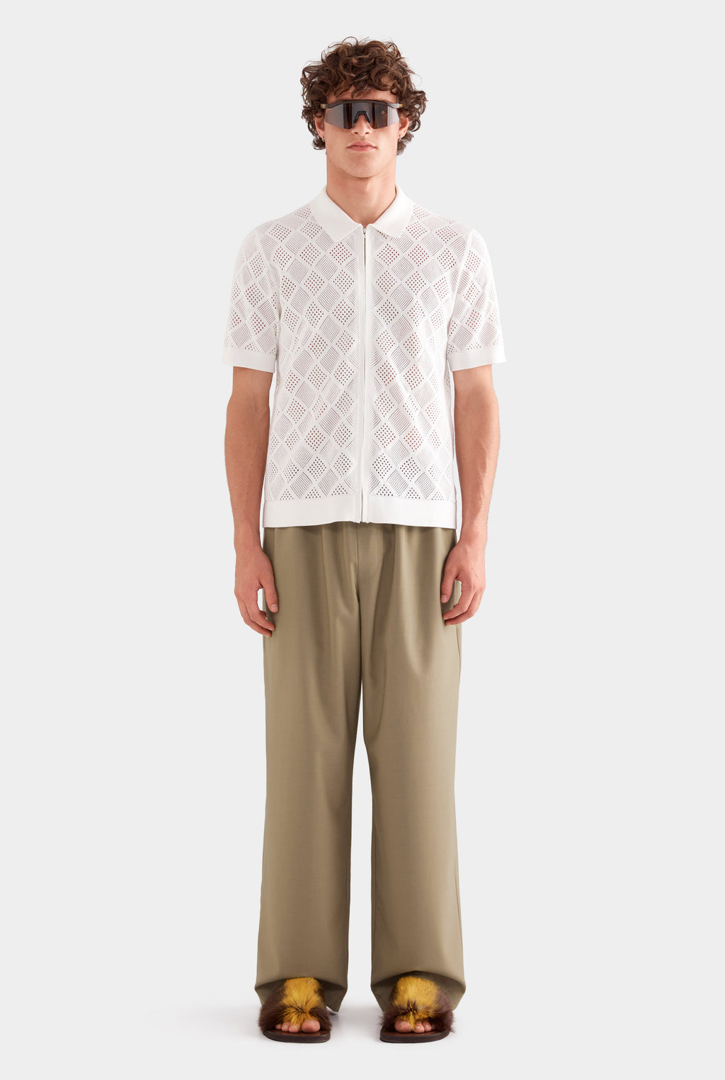 Diamond Zip Knit Cotton Shirt - Off White