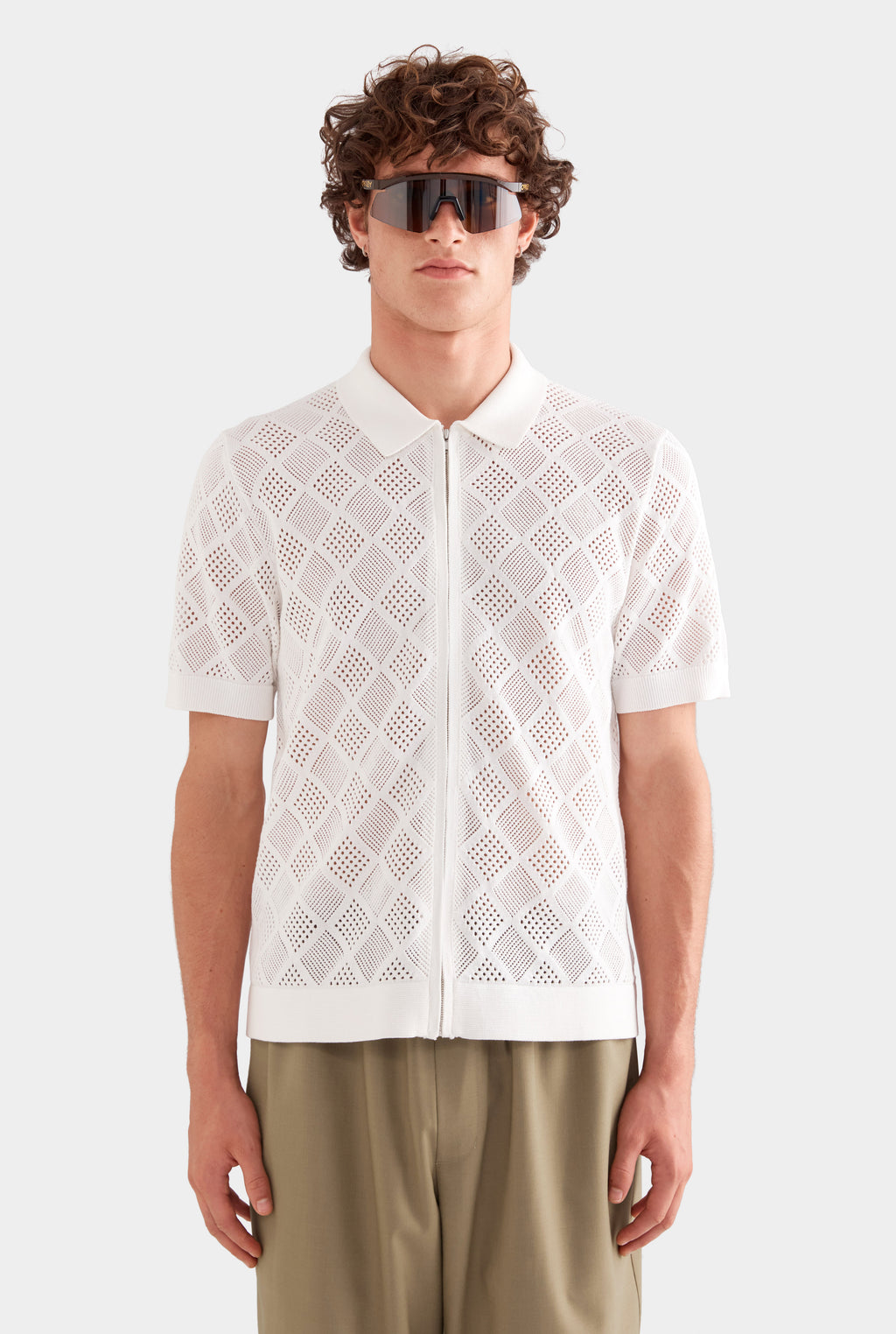 Diamond Zip Knit Cotton Shirt - Off White