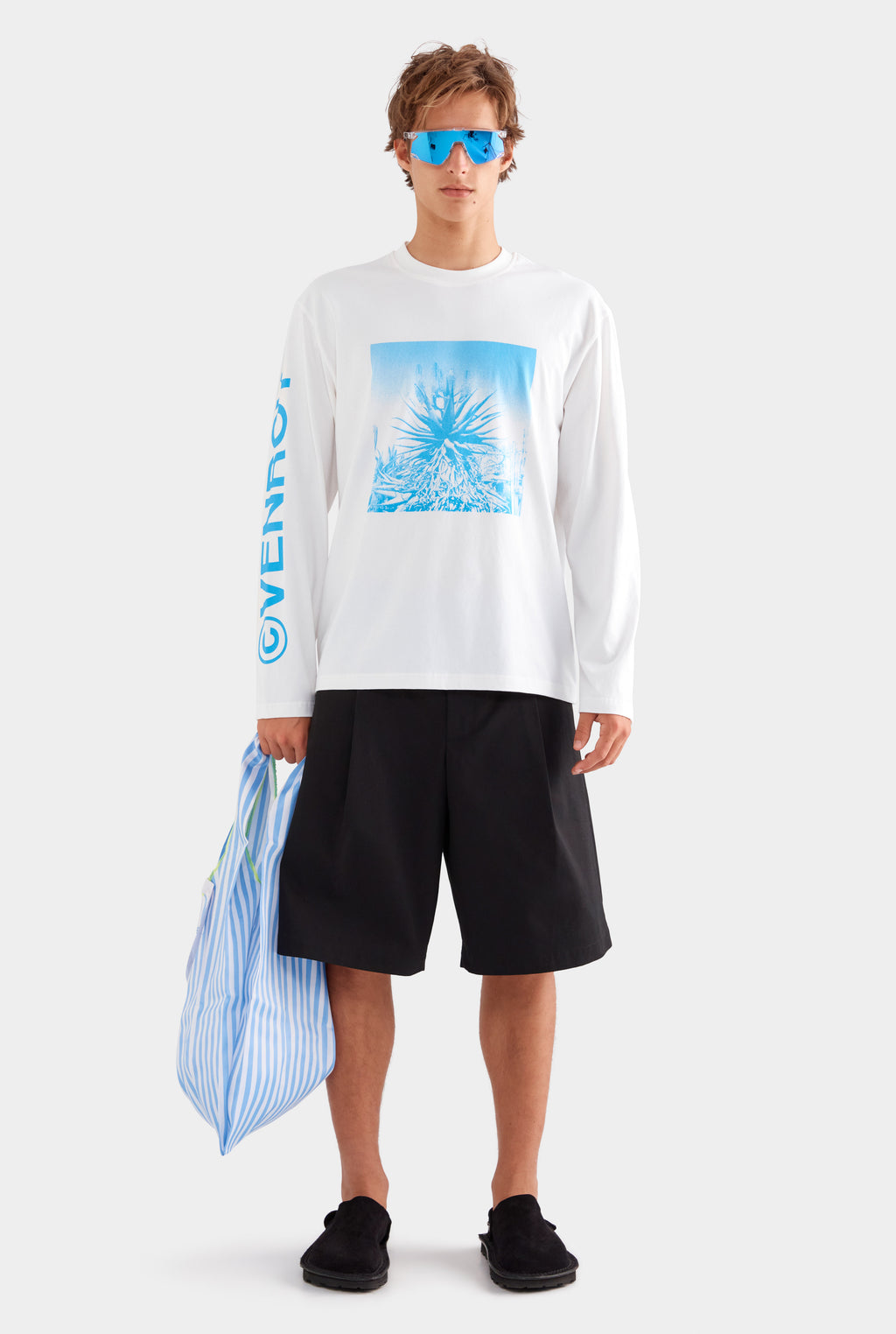 Long Sleeve Cotton T Shirt - Off White/Cactus Print Negative