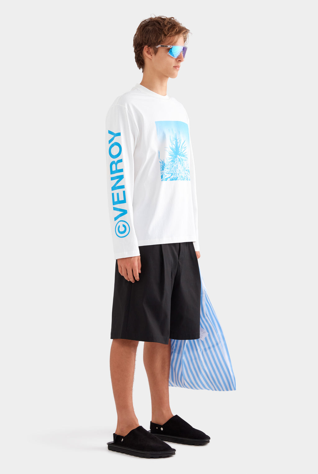 Long Sleeve Cotton T Shirt - Off White/Cactus Print Negative