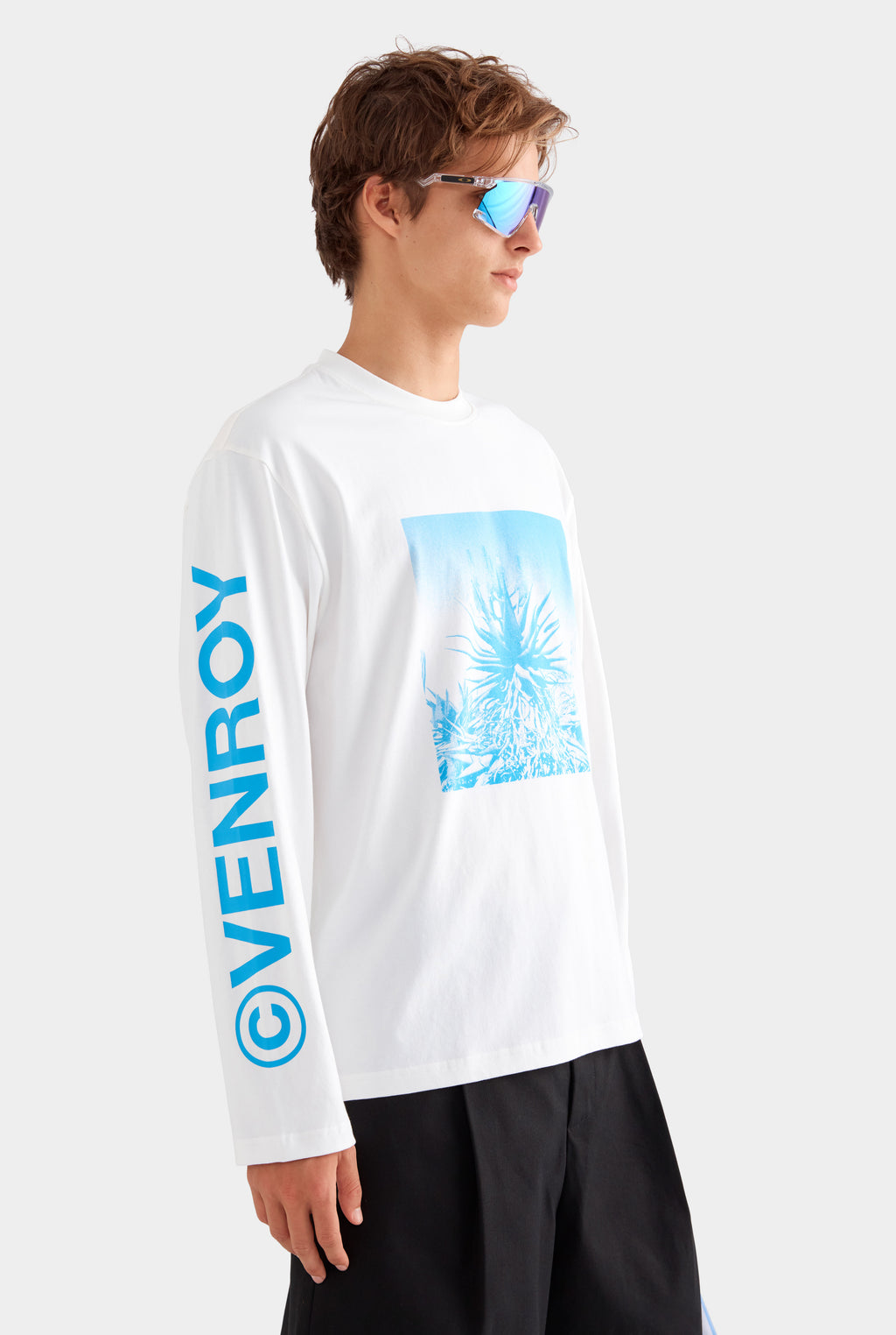 Long Sleeve Cotton T Shirt - Off White/Cactus Print Negative