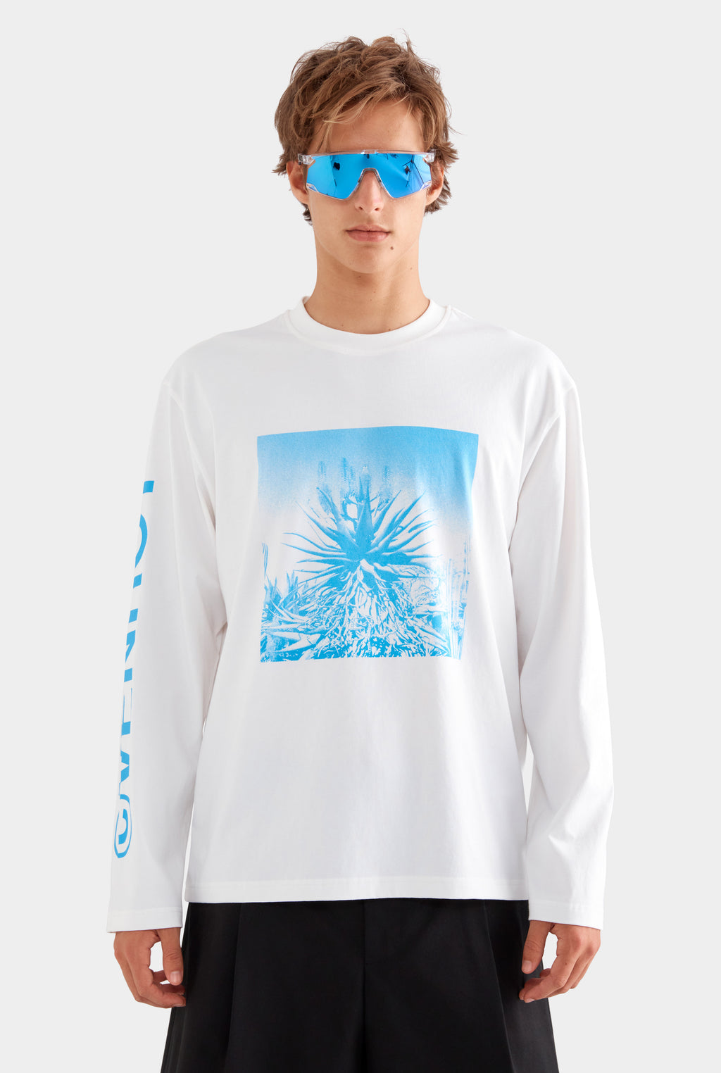 Long Sleeve Cotton T Shirt - Off White/Cactus Print Negative