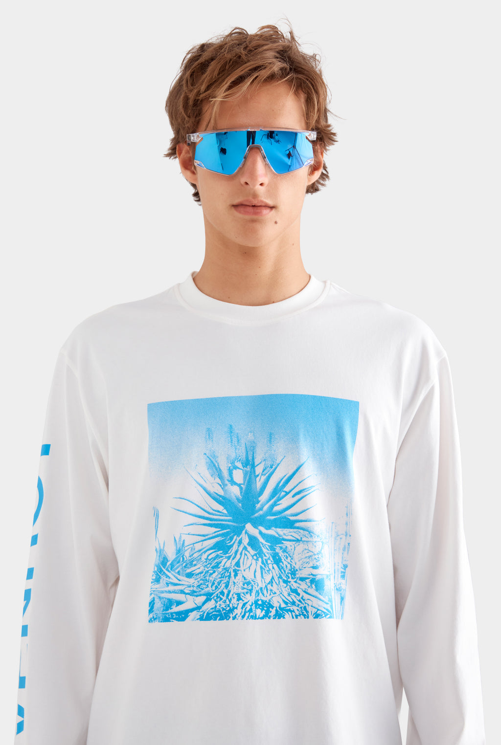 Long Sleeve Cotton T Shirt - Off White/Cactus Print Negative