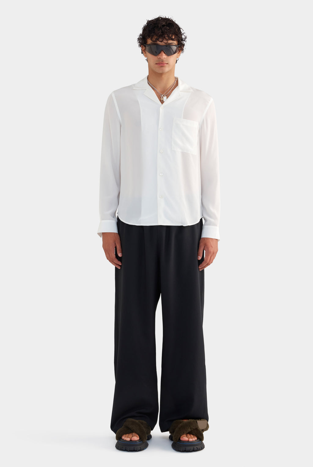 Long Sleeve Silk Camp Collar Shirt - Off White/Honolulu Print